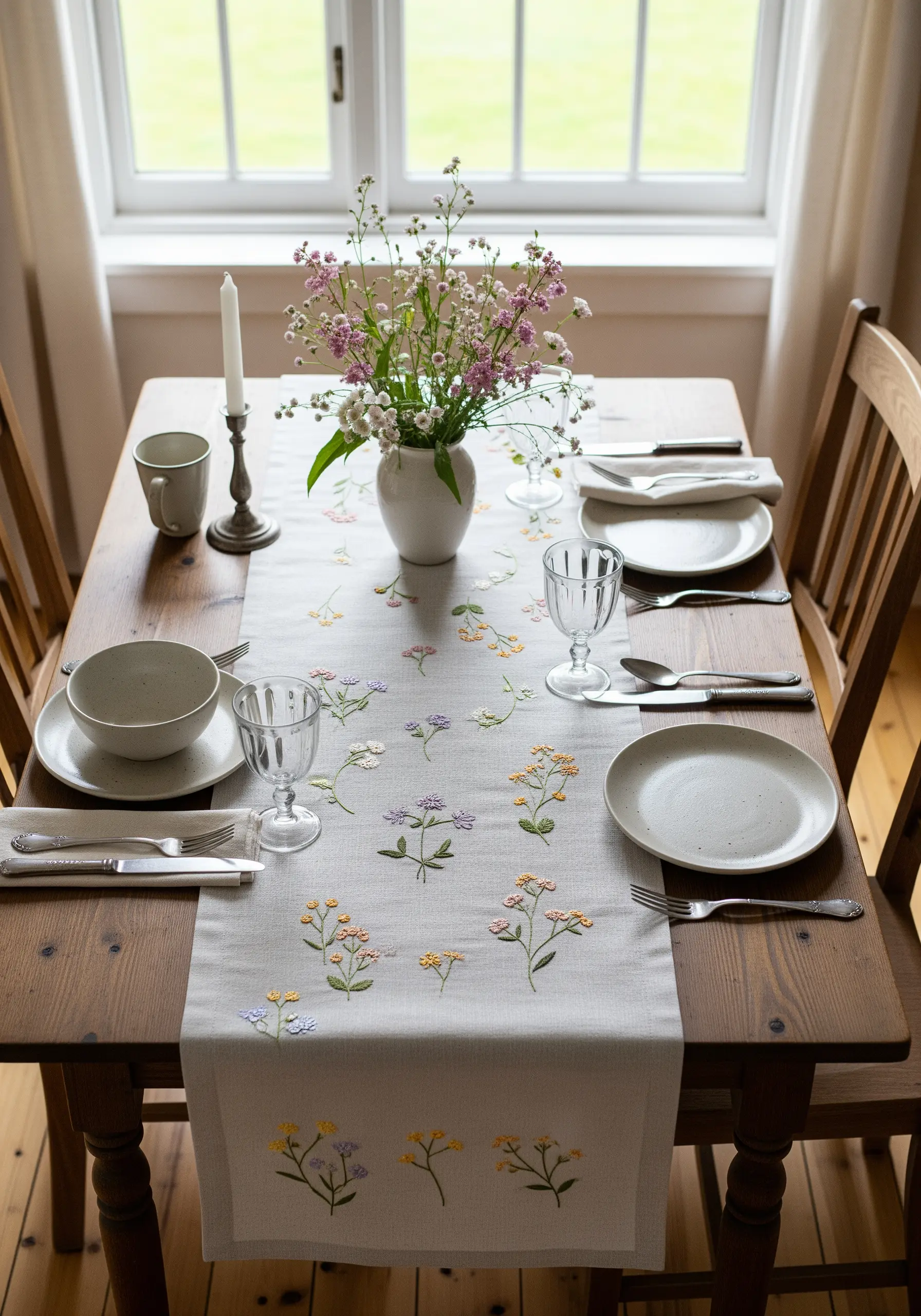 A linen table runner with delicate, scattered wildflower embroidery in pastel colors.