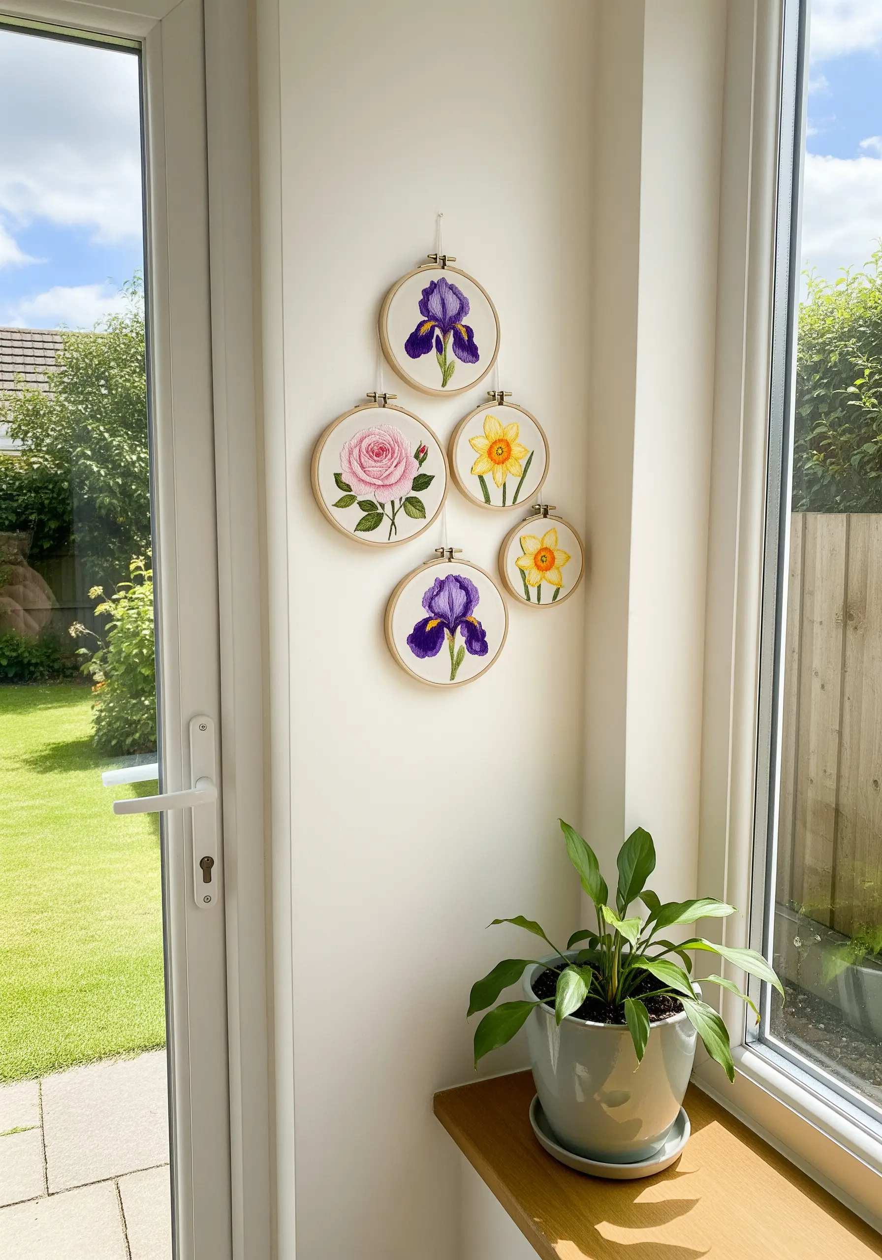A cluster of five embroidery hoops with various spring flowers arranged asymmetrically by a window.