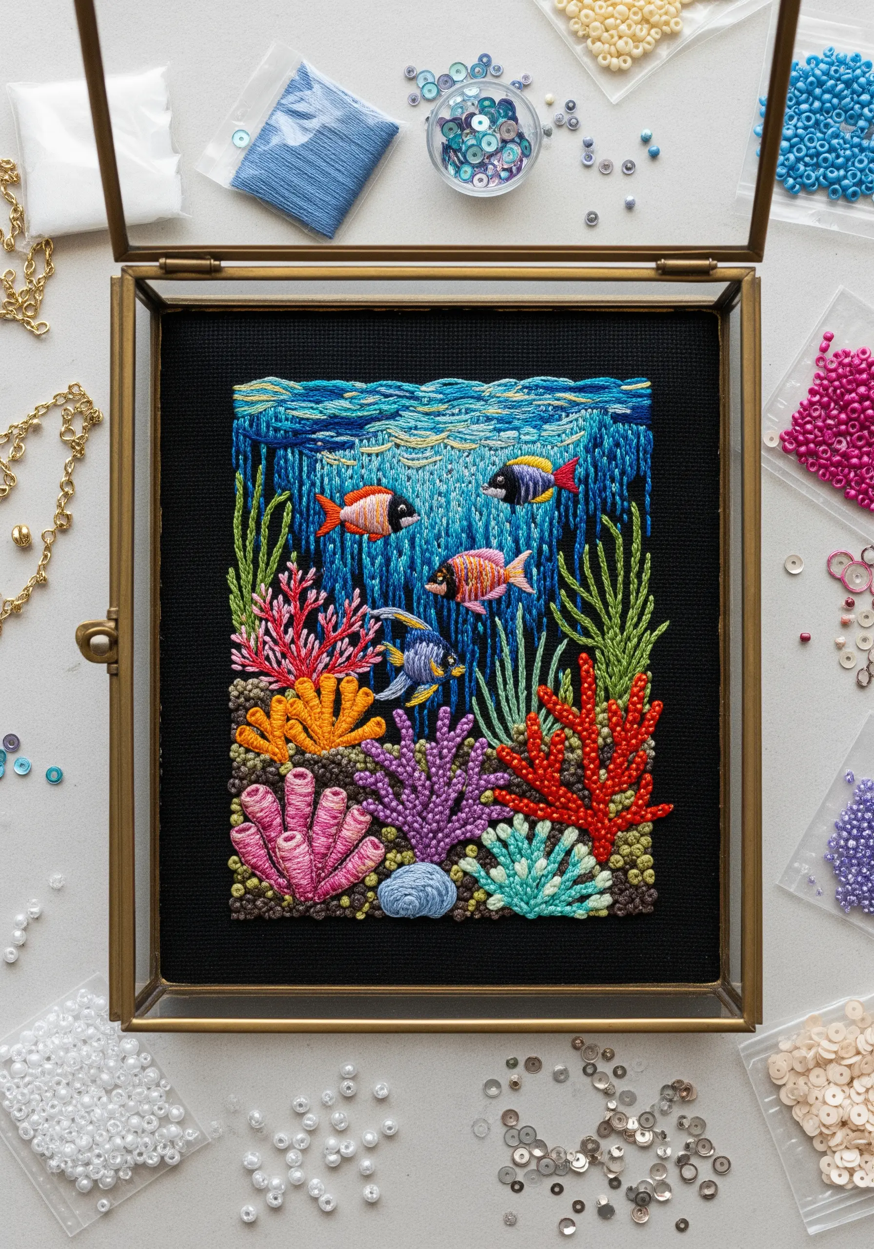 A colorful, textured embroidery of an underwater coral reef scene, framed in a glass box.