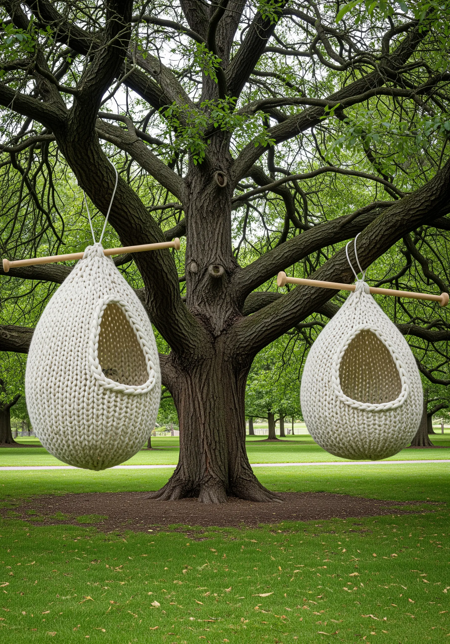Two large, white knitted pods hanging from a tree, functioning as sculptural seating.