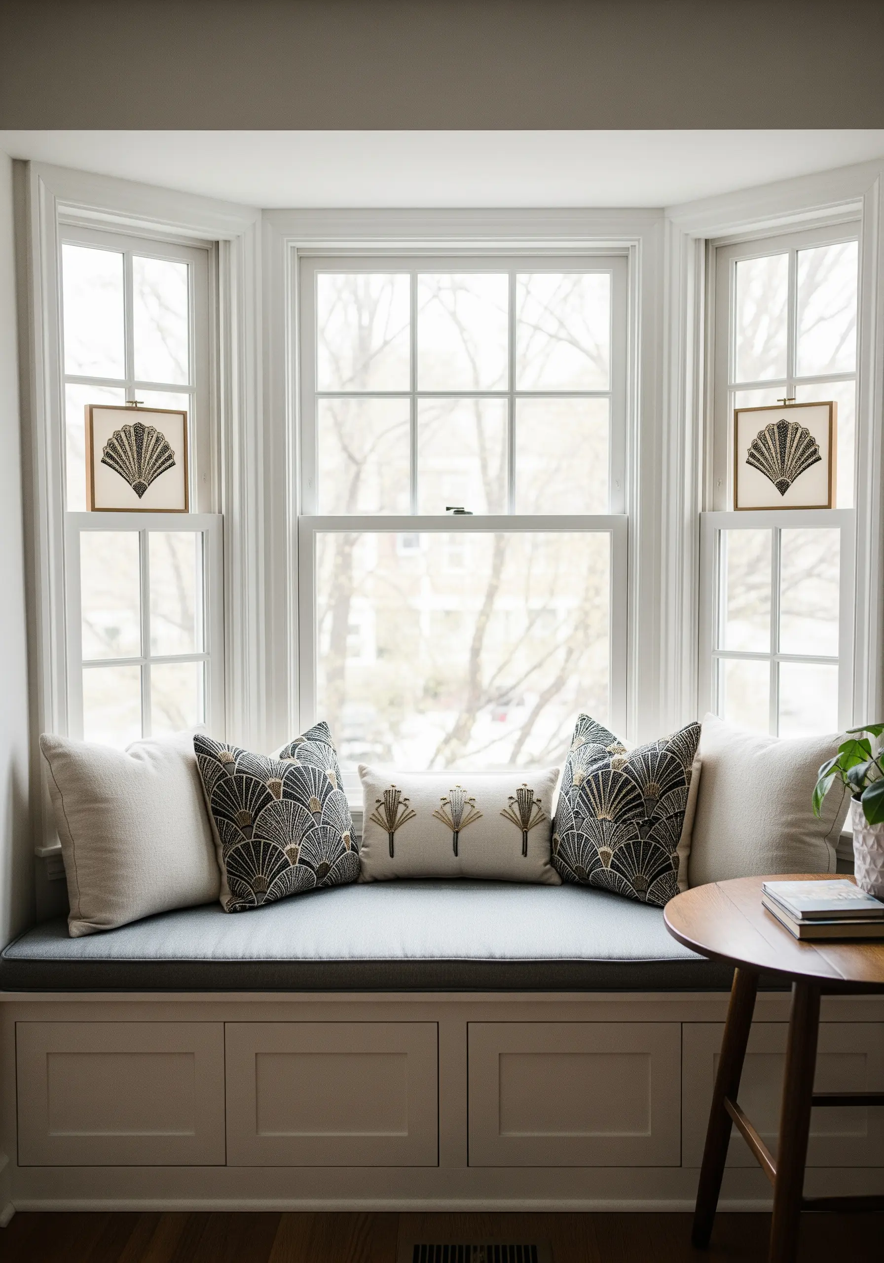 Two identical framed art deco fan embroidery pieces placed symmetrically on either side of a bay window