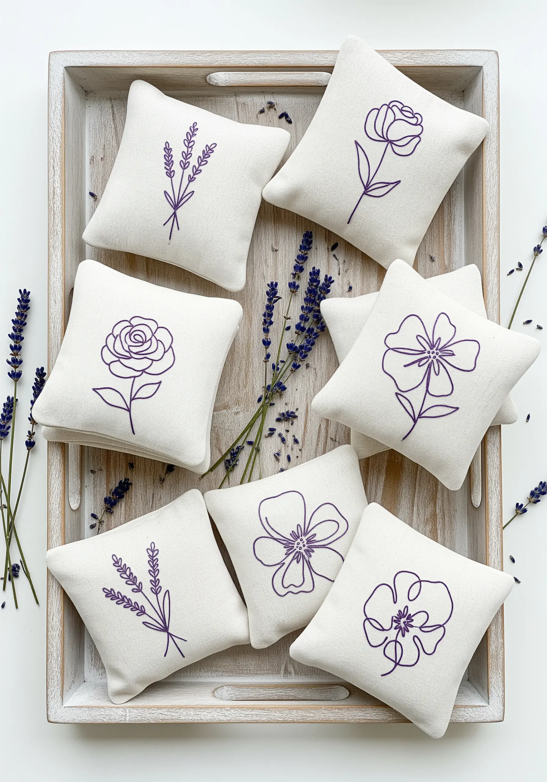 A collection of small, lavender-filled sachets embroidered with purple floral line art.
