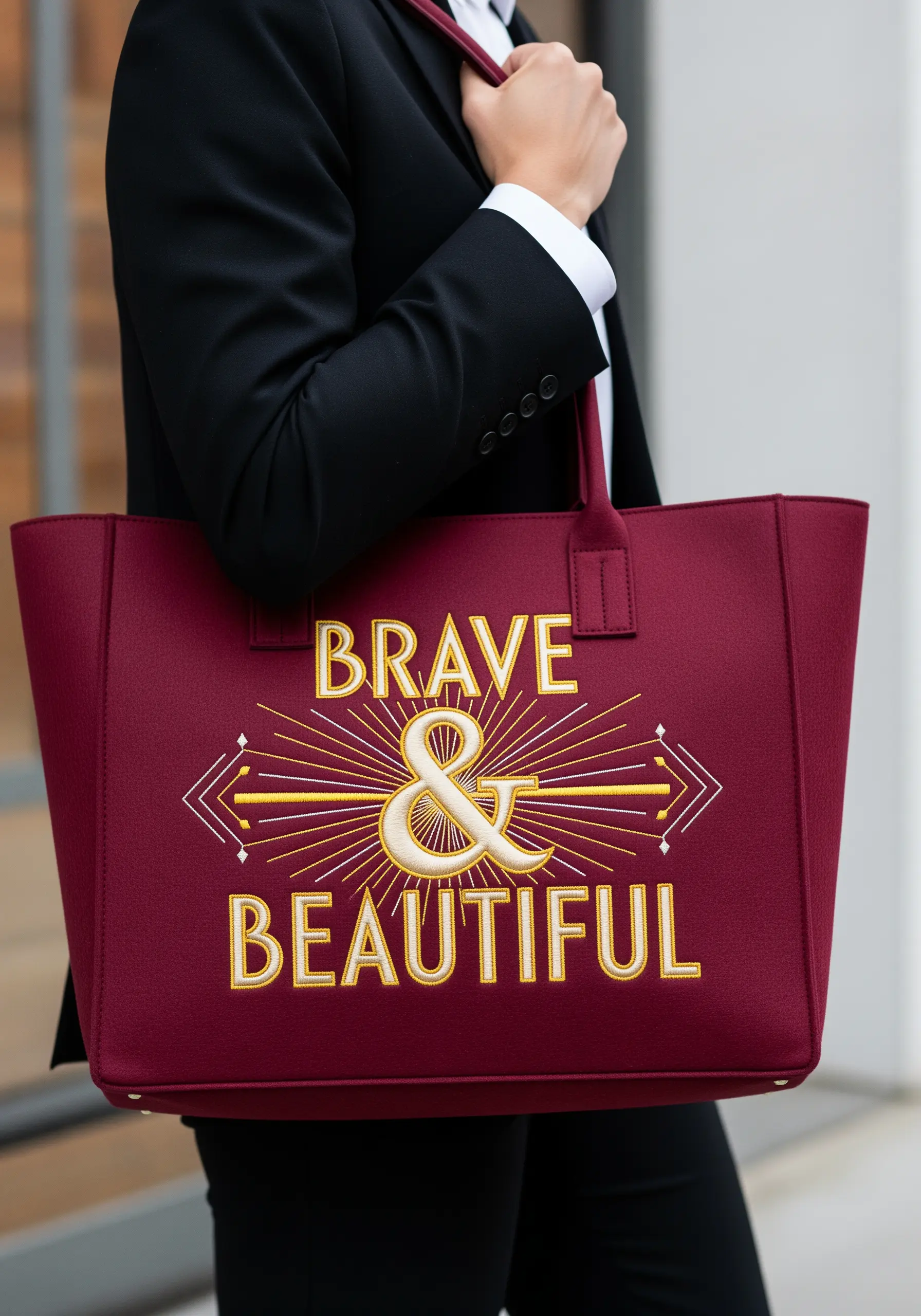 Art Deco style embroidery of 'Brave & Beautiful' in gold and cream on a burgundy tote bag.