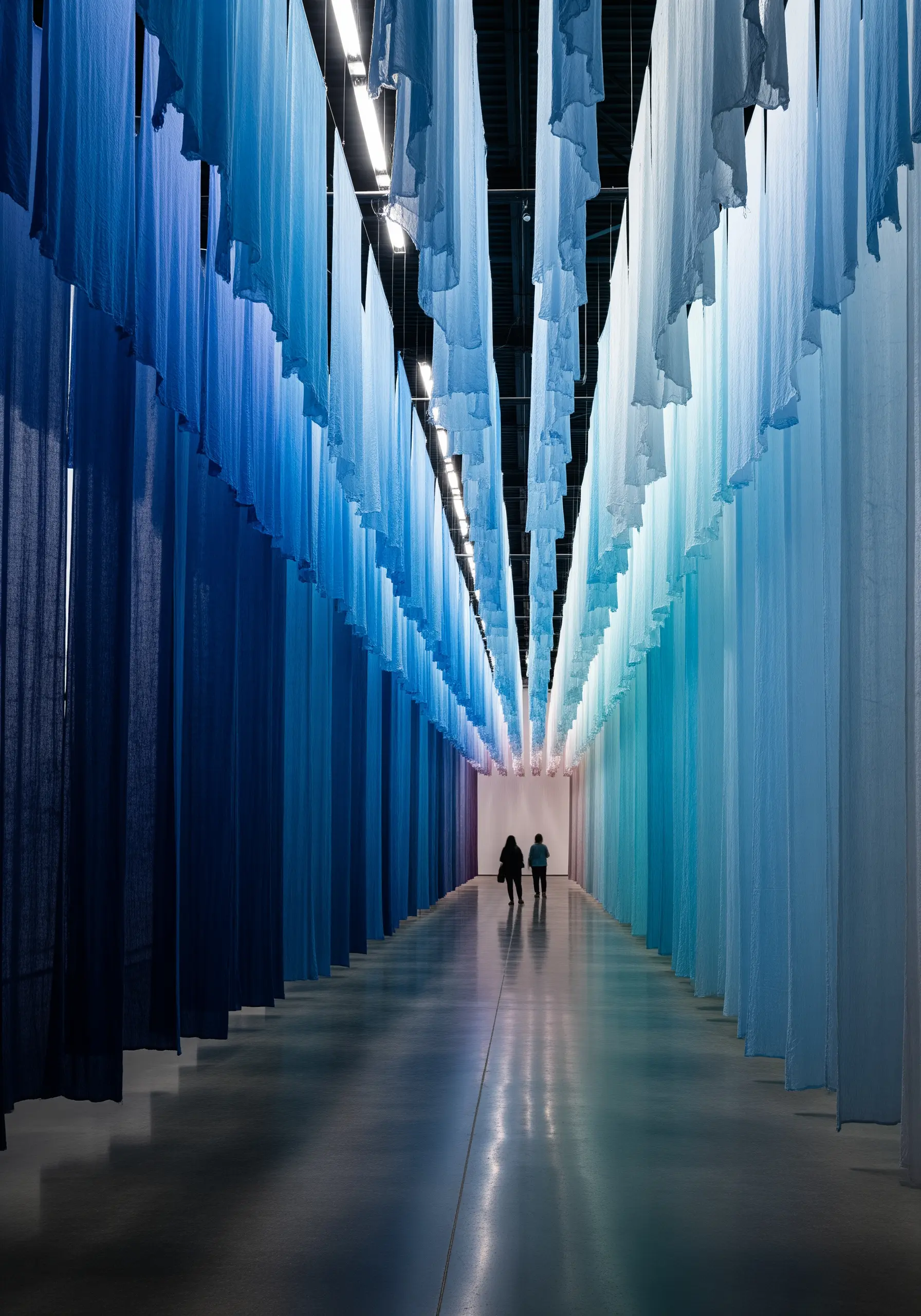 A long corridor with hanging fabrics creating a gradient from dark blue to light blue.