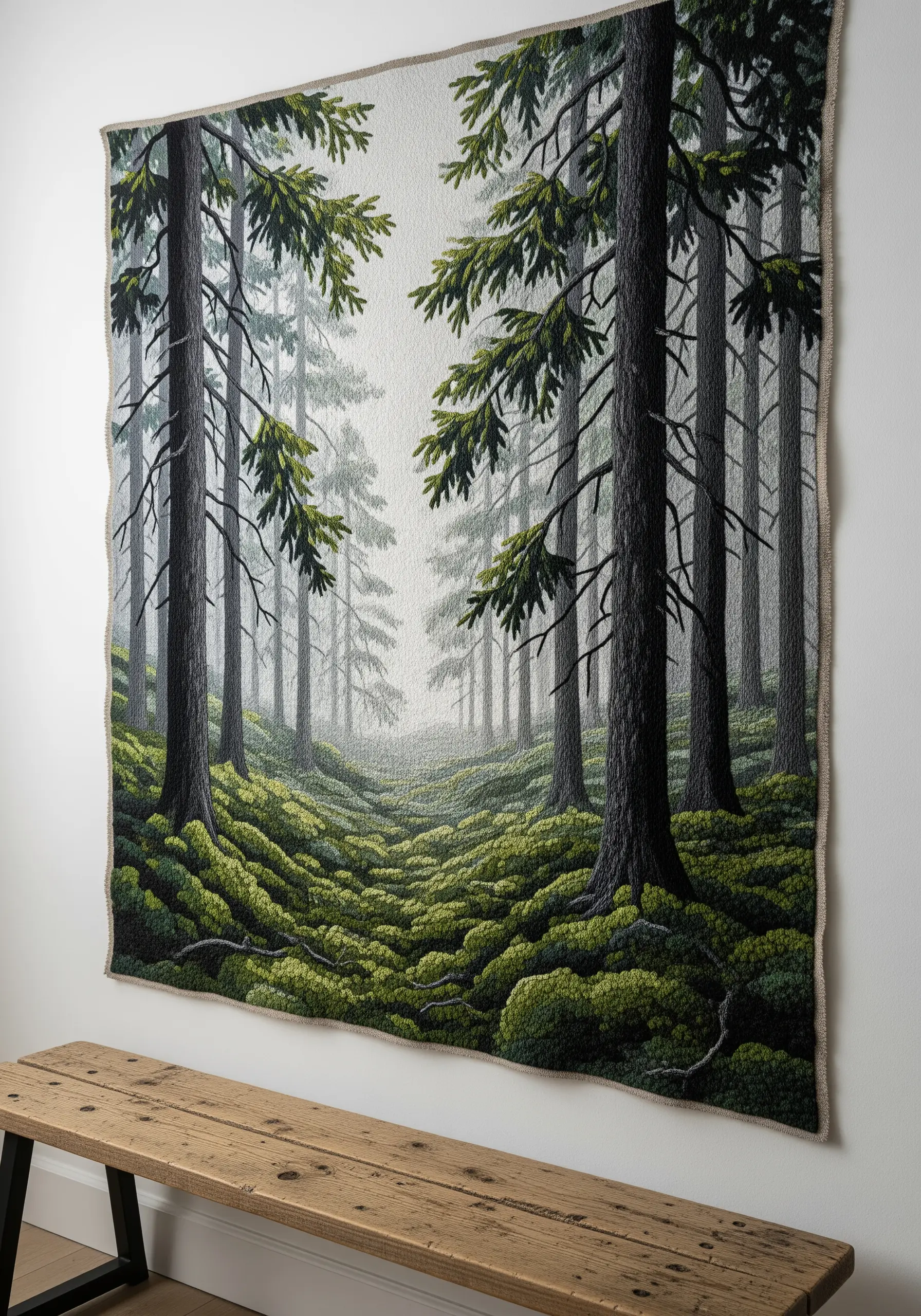 Large-scale embroidery tapestry of a misty forest hanging above a wooden bench.