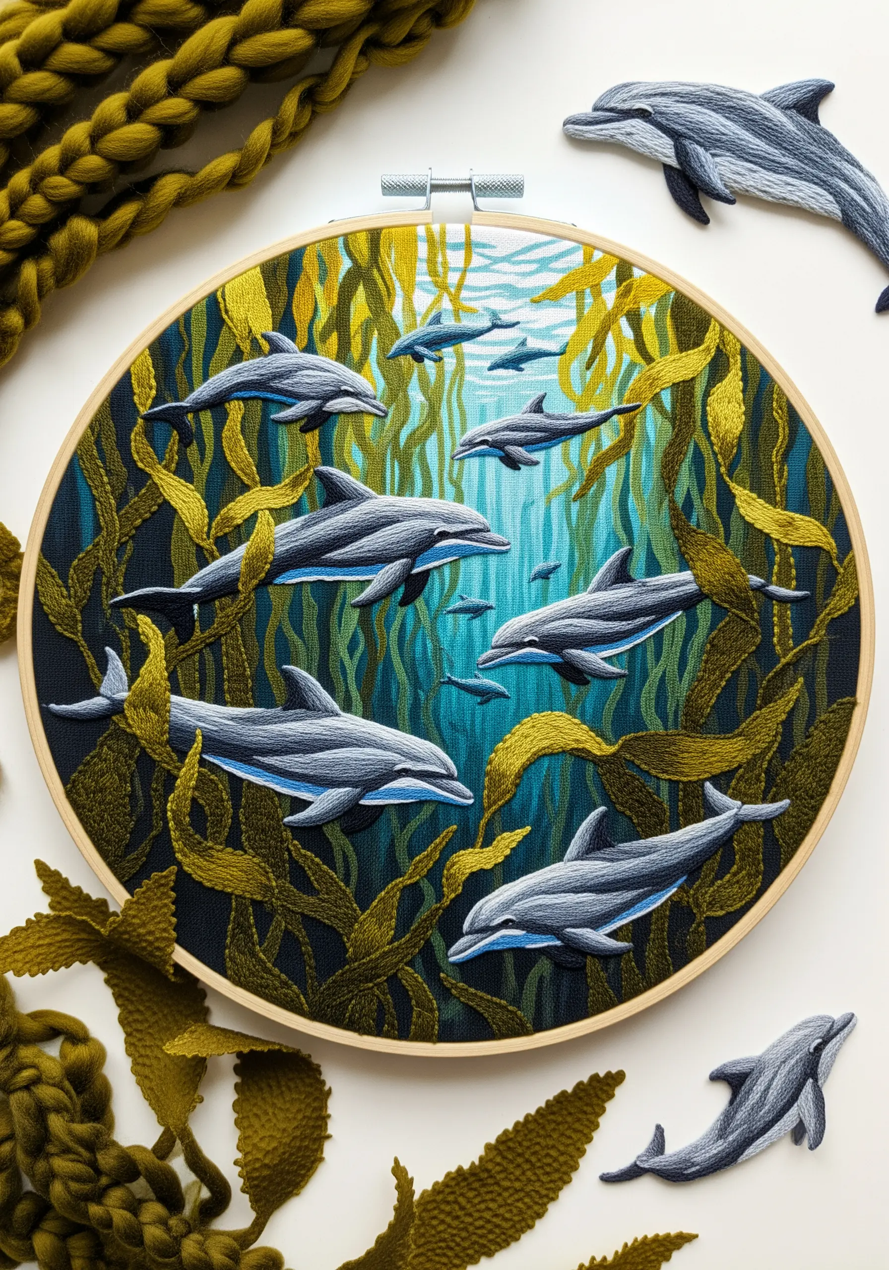 A pod of dolphins swims through a dense, green and gold kelp forest embroidery.