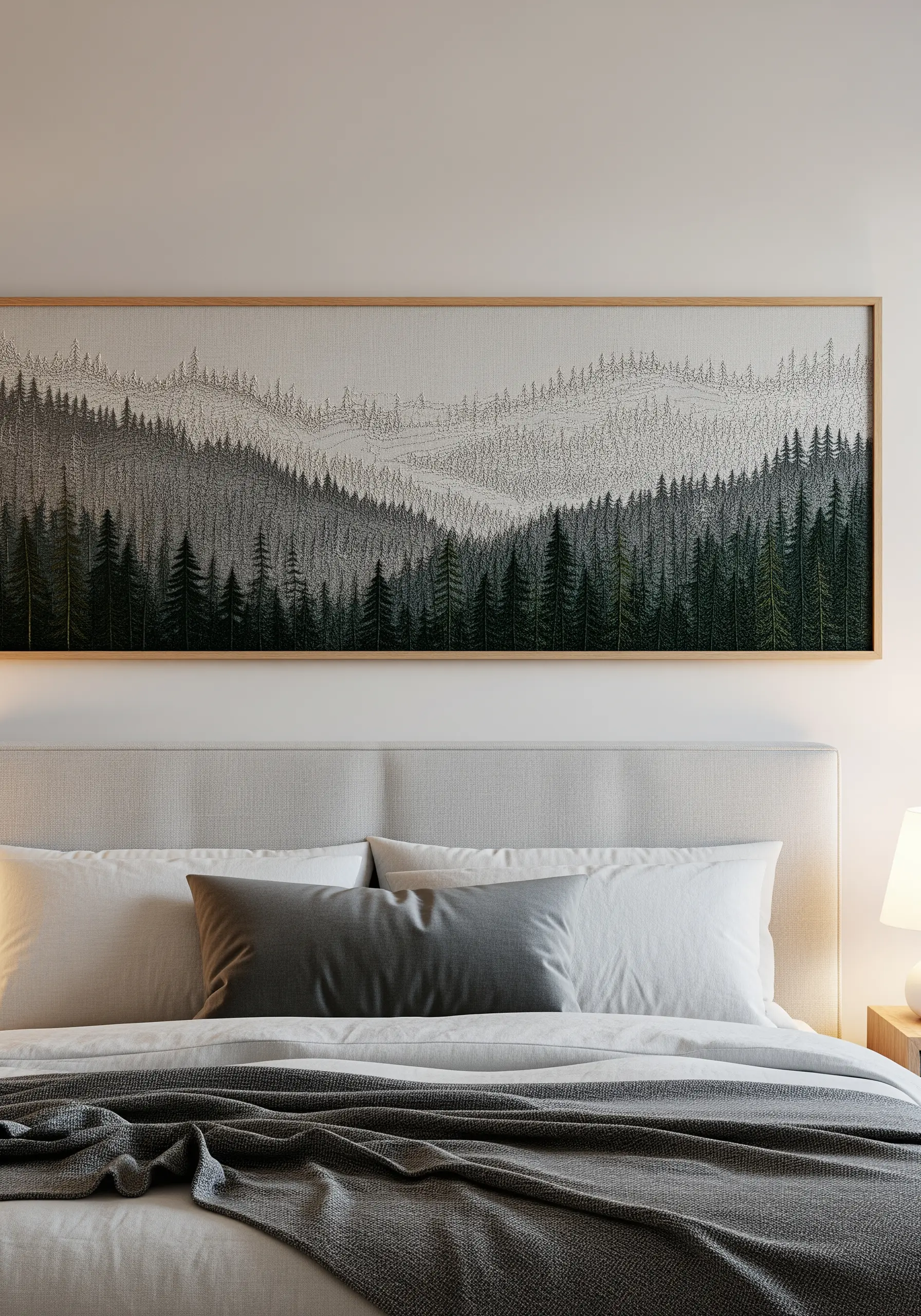 Large framed embroidery of a dense pine forest with layers of hills fading into the distance.