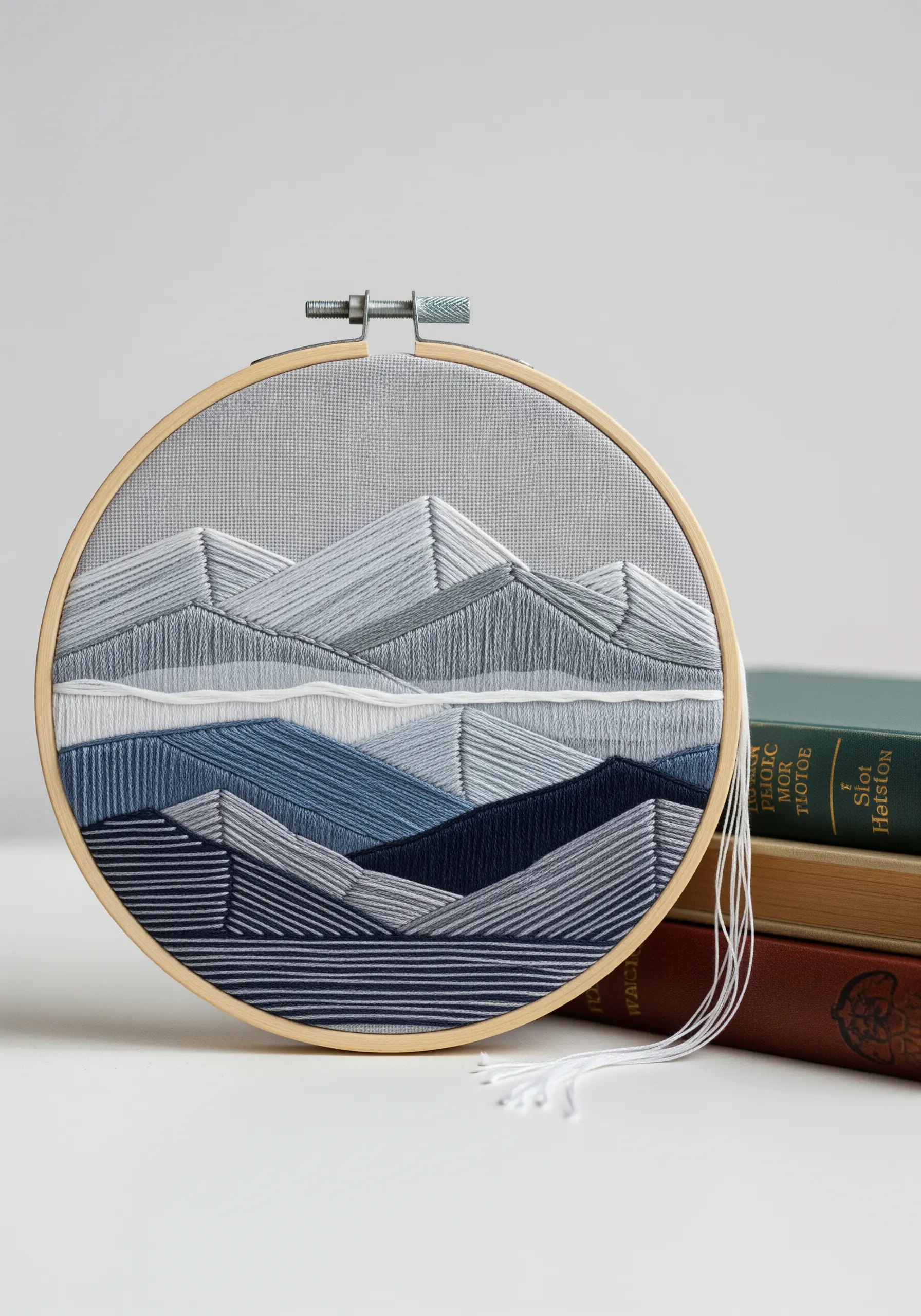 Monochromatic mountain landscape embroidery with layered satin stitches in shades of blue.