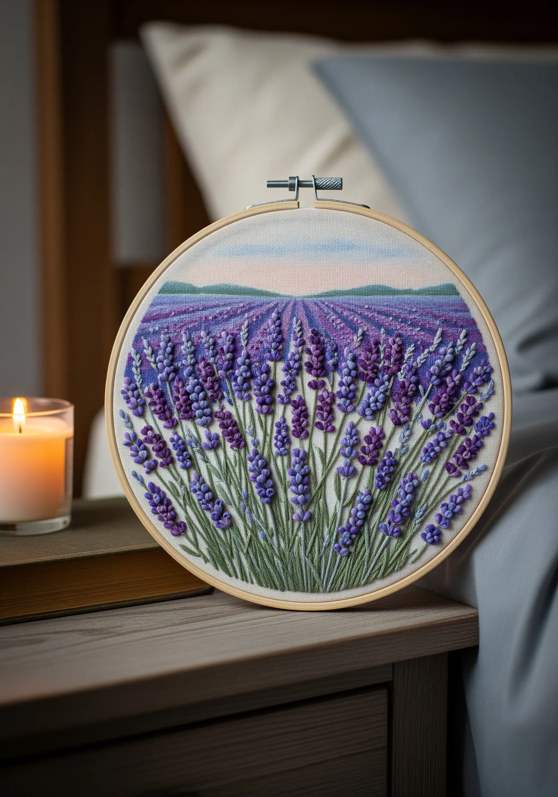 Embroidery hoop art of a lavender field with a focus on foreground texture and a painted sky.