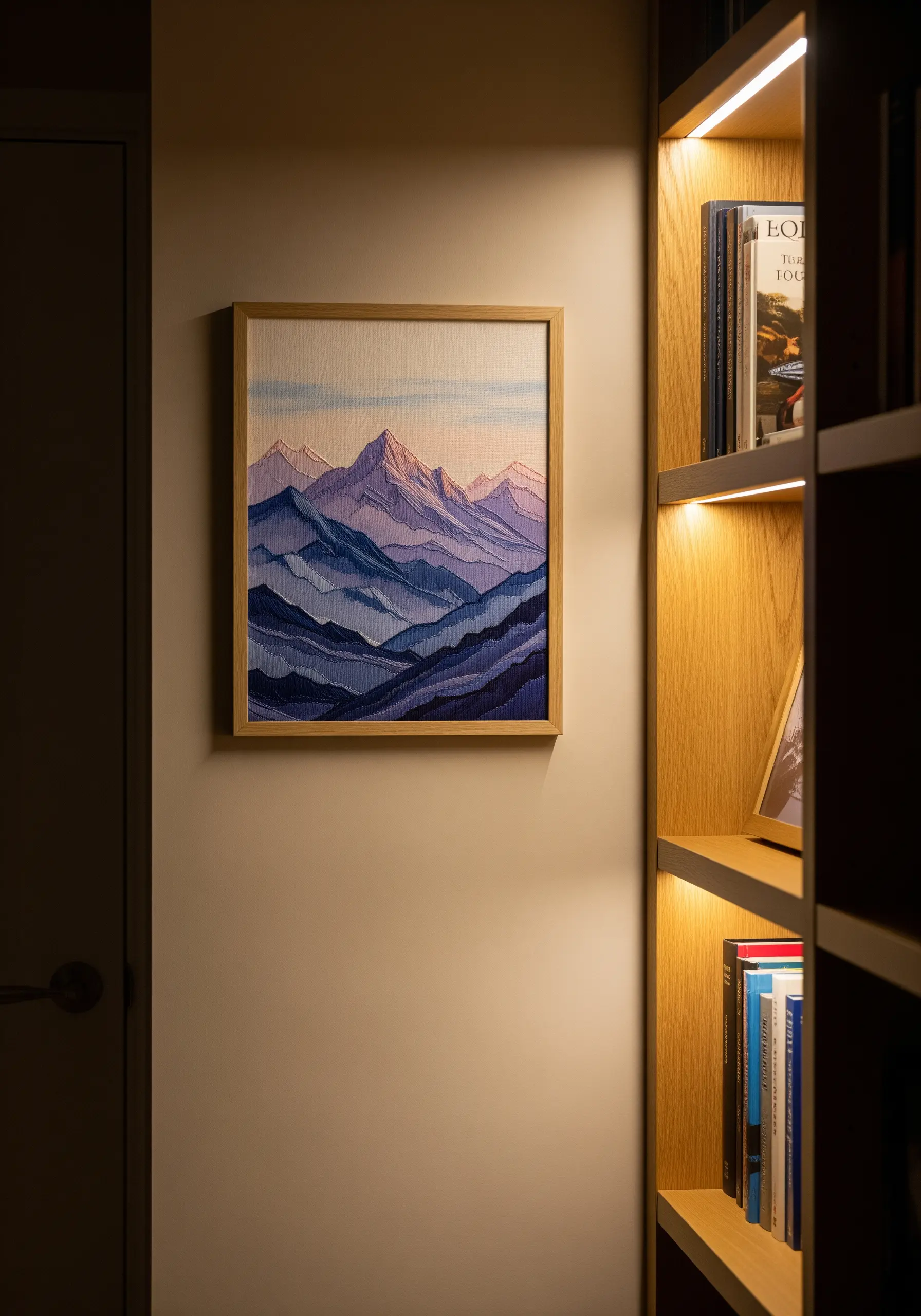 A framed embroidery of purple and blue mountain ranges hanging in a warmly lit room.