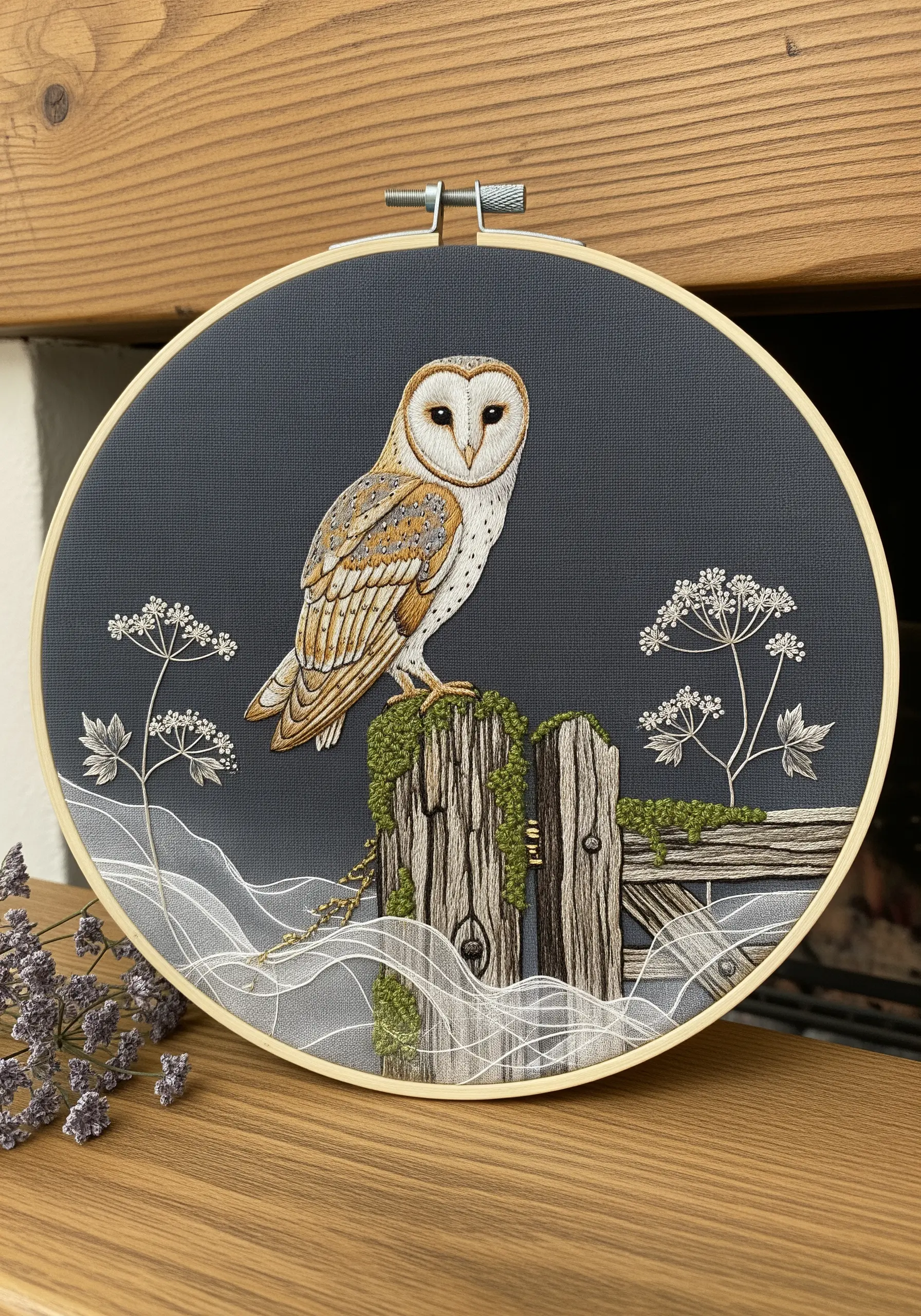 An embroidered barn owl on a fence post with layers of white tulle creating a foggy effect.