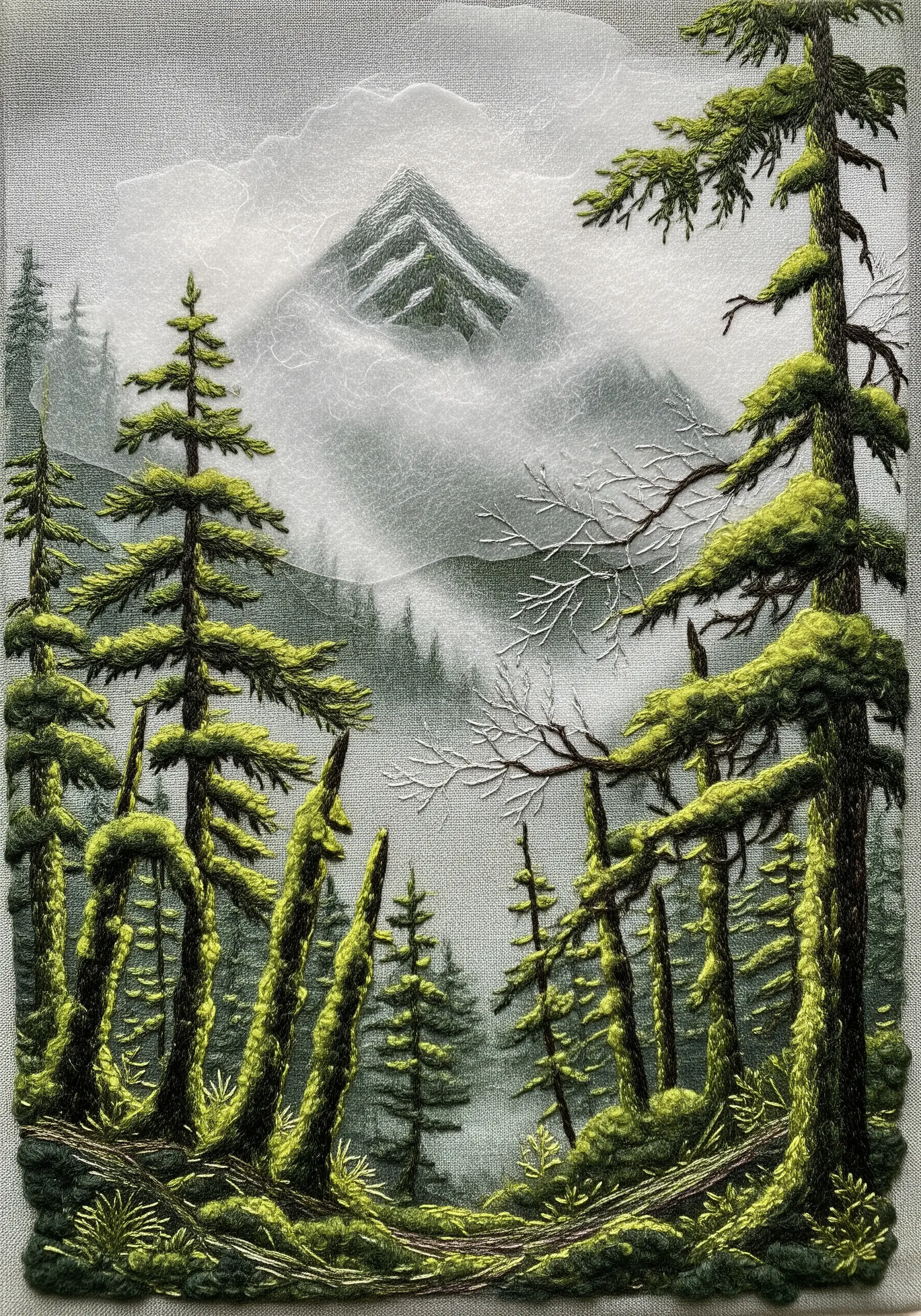 Misty forest embroidery with a fog effect created by sparse, light-colored stitches.
