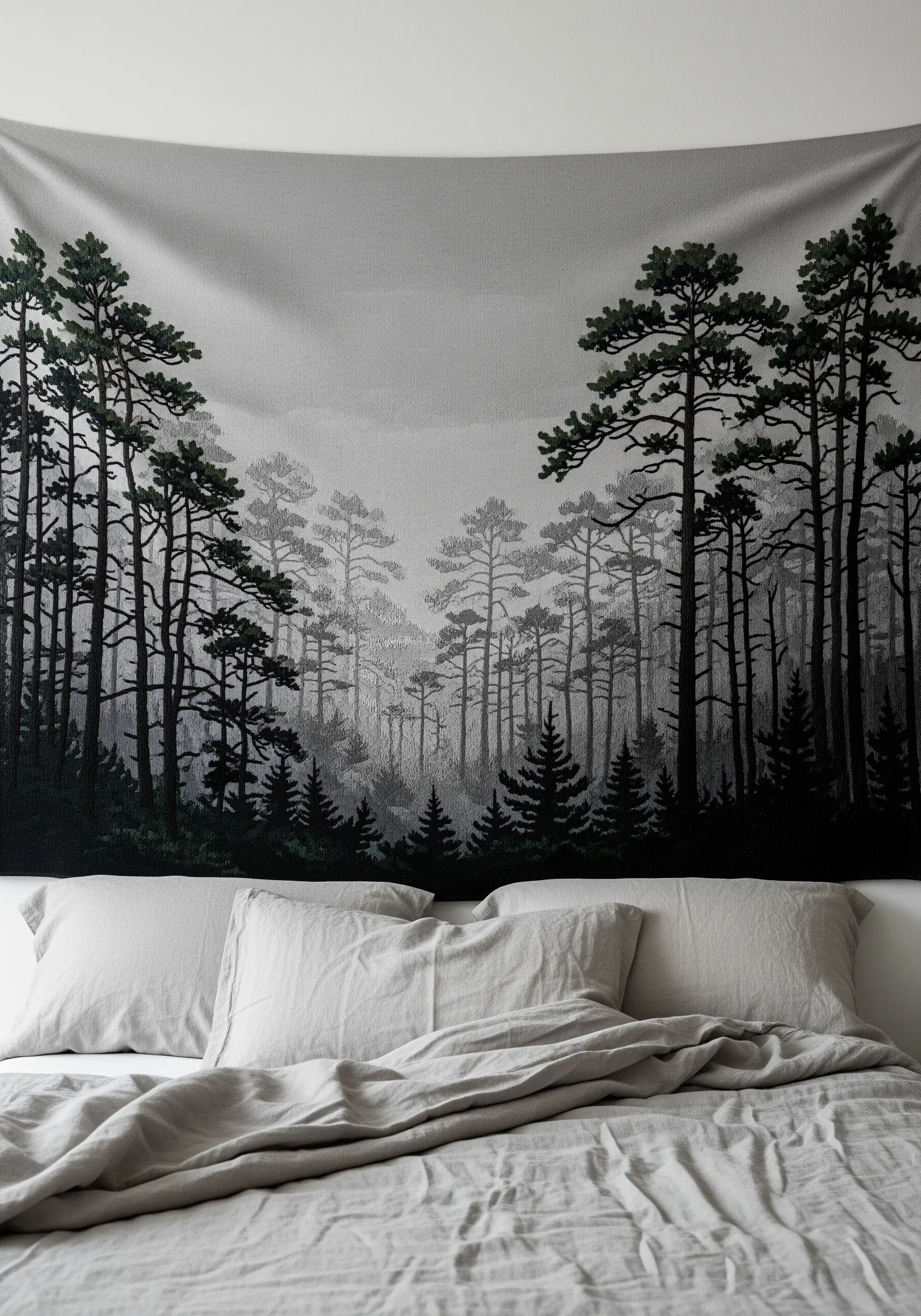 A large textile wall hanging of a misty pine forest, with darker trees in front.