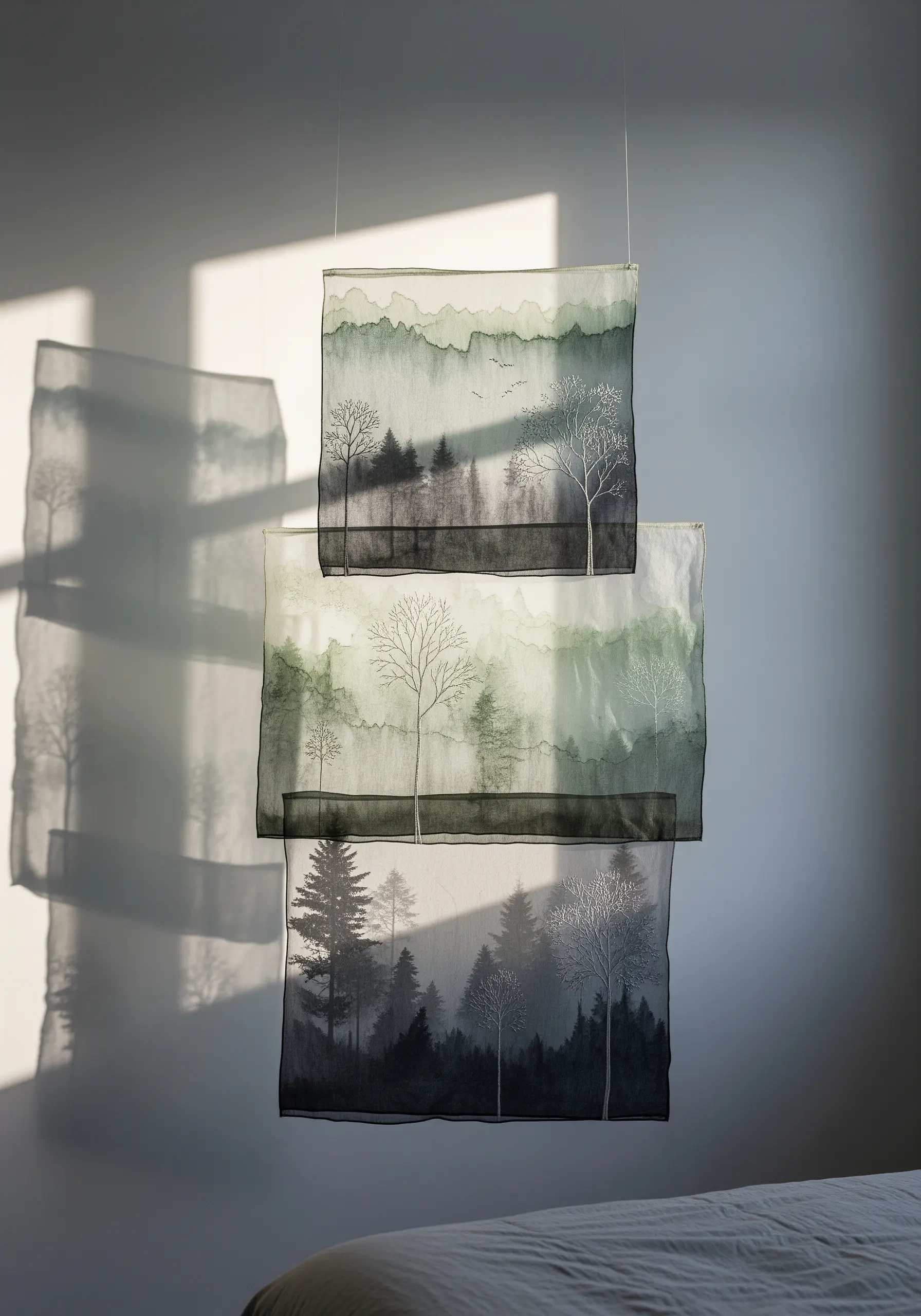 Three layers of sheer organza embroidered with a forest scene, creating a 3D effect with shadows.