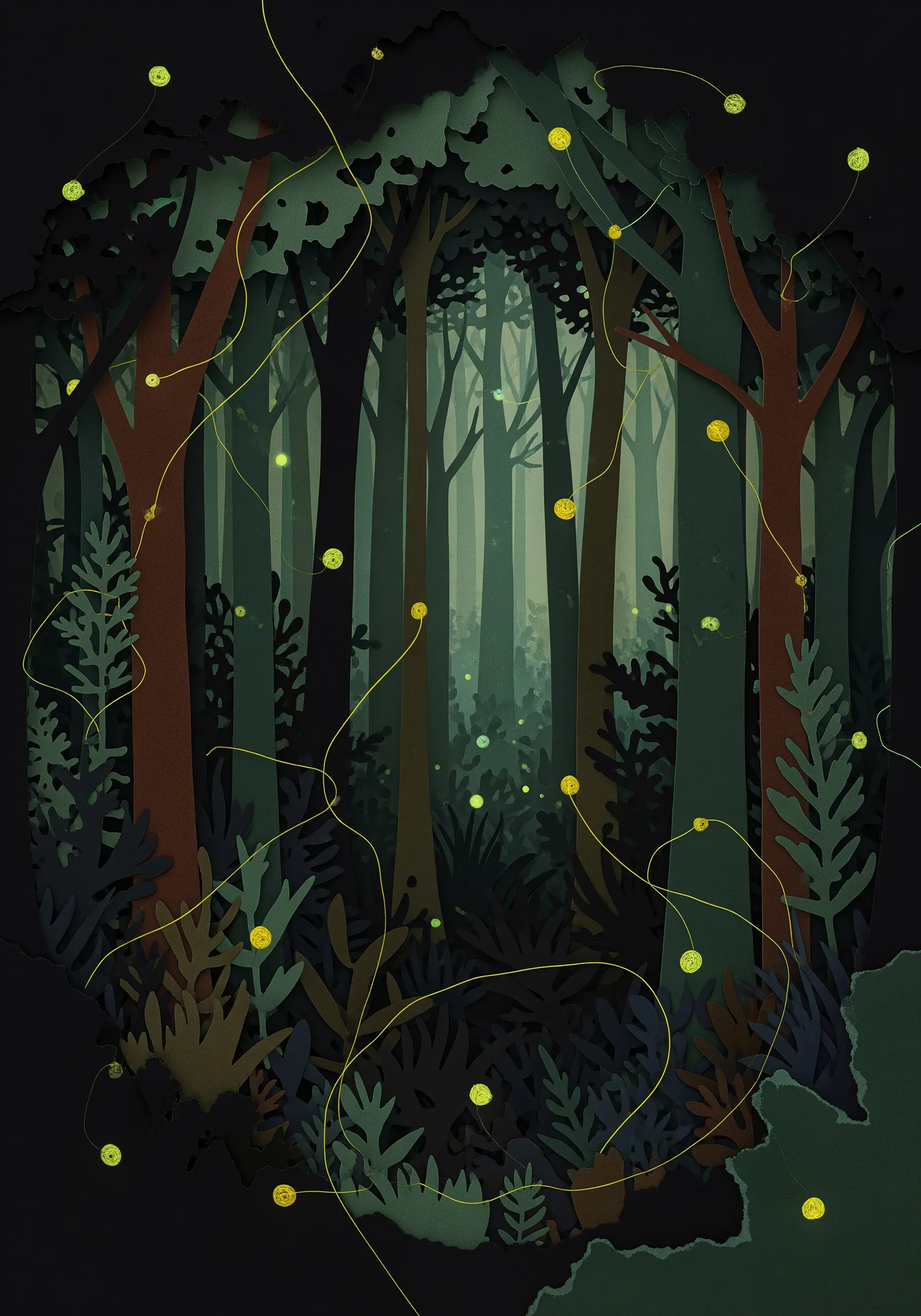 A layered paper forest at night with yellow threads connecting dots like fireflies.