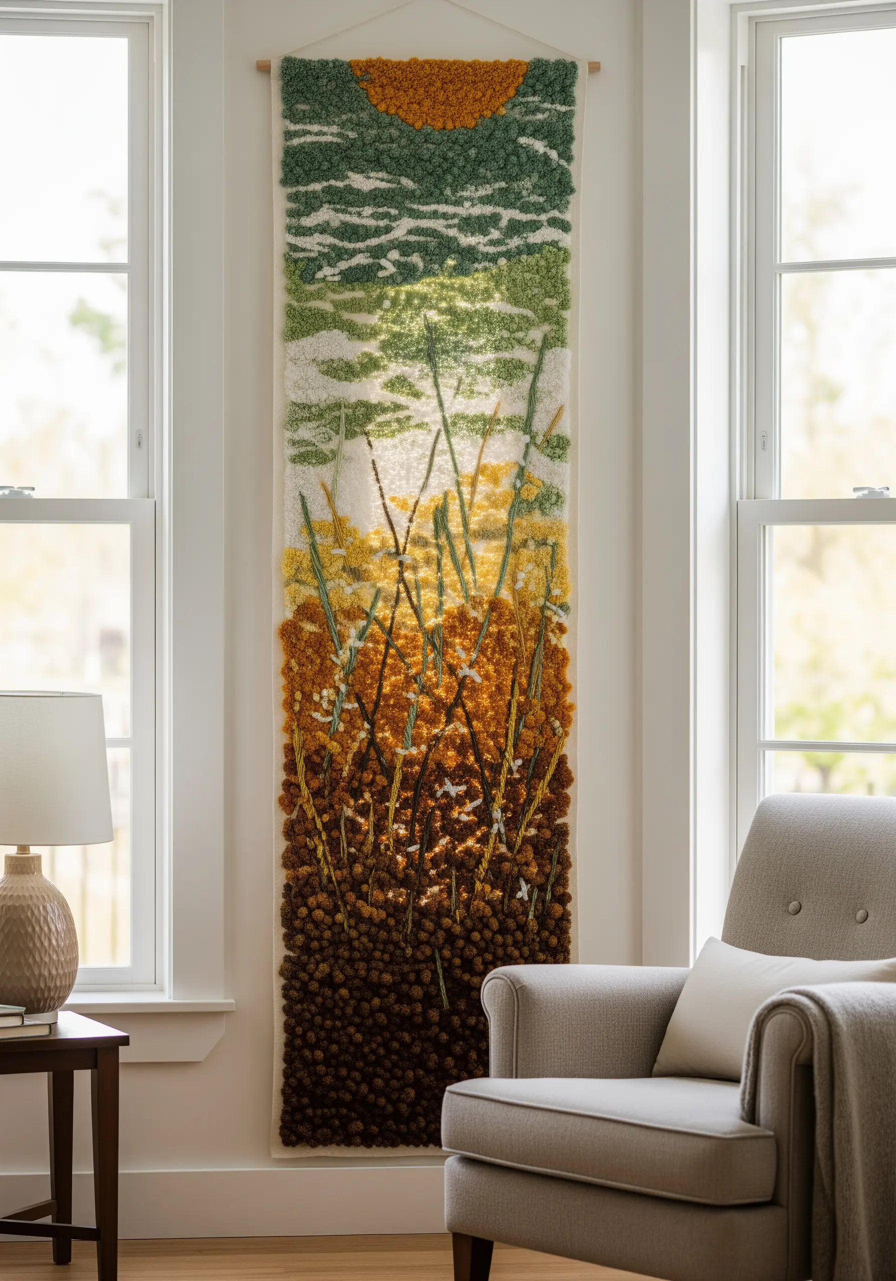 A long, vertical tapestry depicting a marsh landscape with a textured foreground and smoother background.