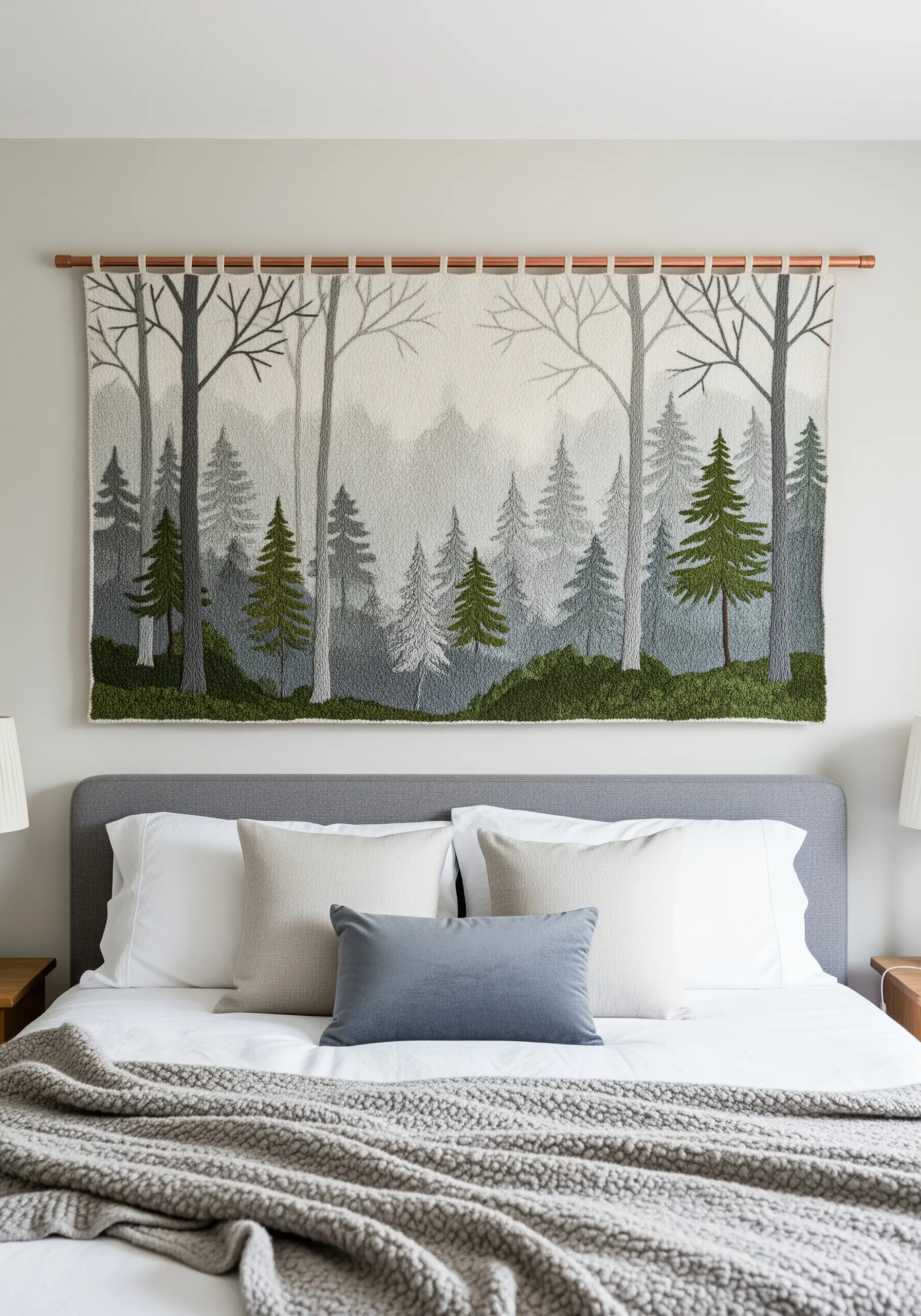 A wide embroidered tapestry of a misty forest scene with varying shades of gray and green.