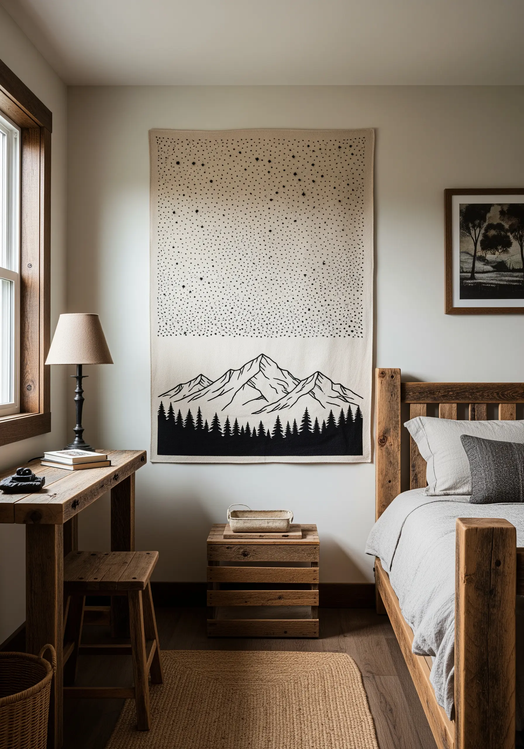 A wall tapestry featuring a mountain silhouette below a sky filled with hundreds of tiny embroidered dots.