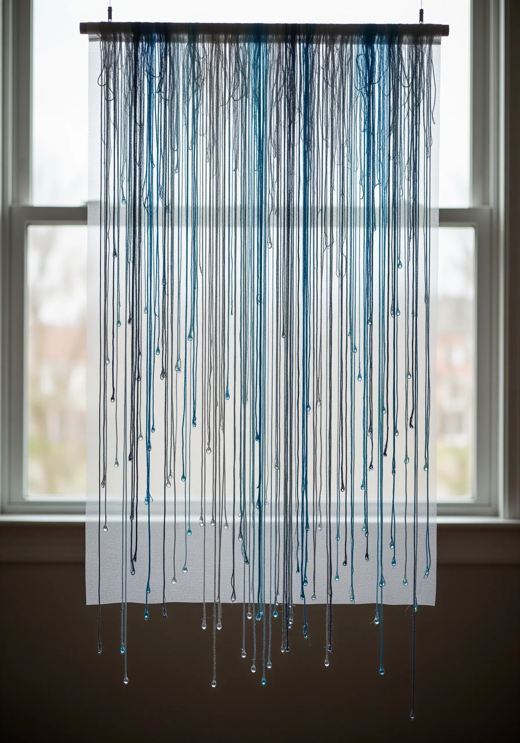 A minimalist wall hanging with threads hanging down like rain, with beads as droplets.