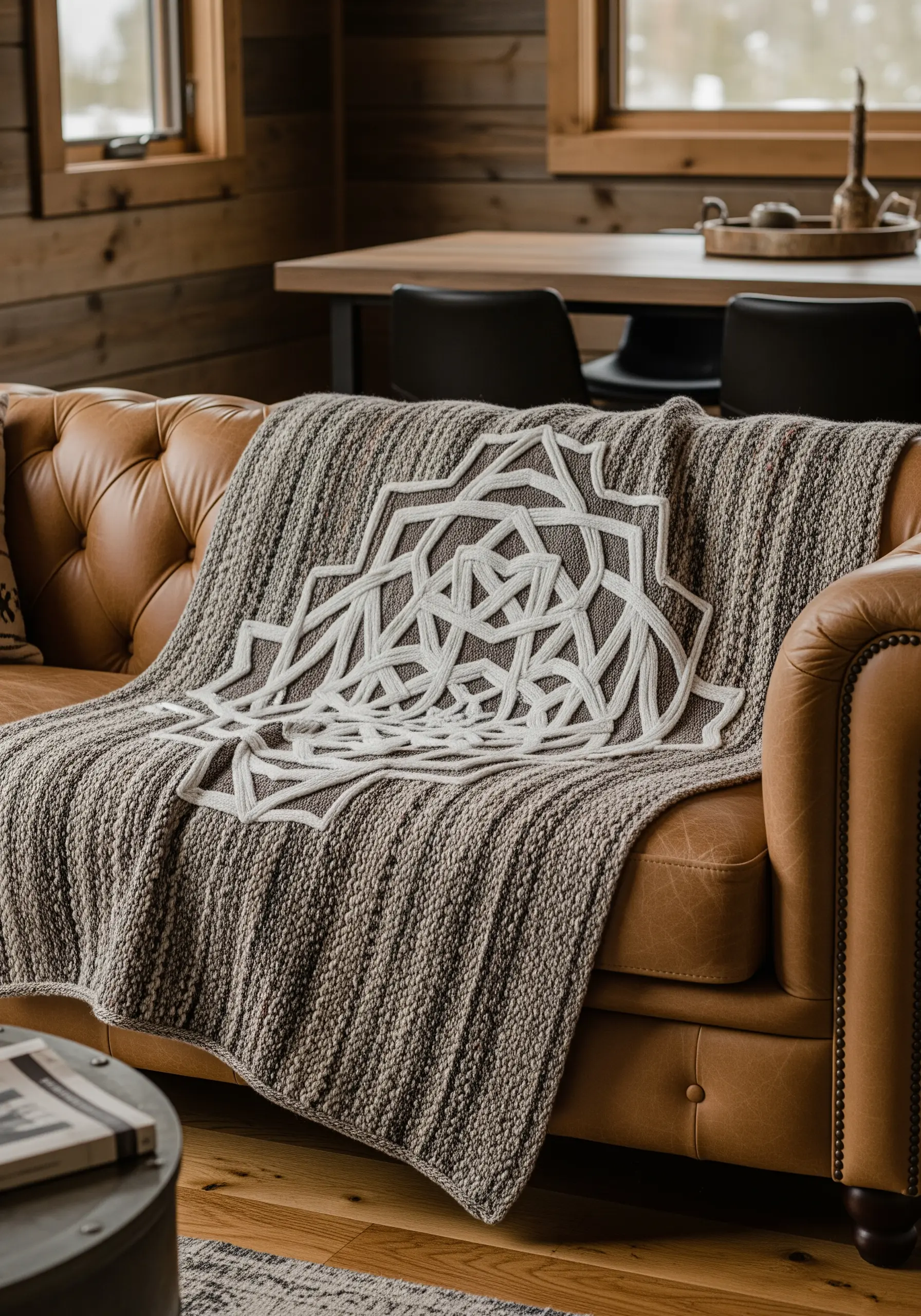 A complex white geometric knot design couched onto a thick, rustic knit blanket.