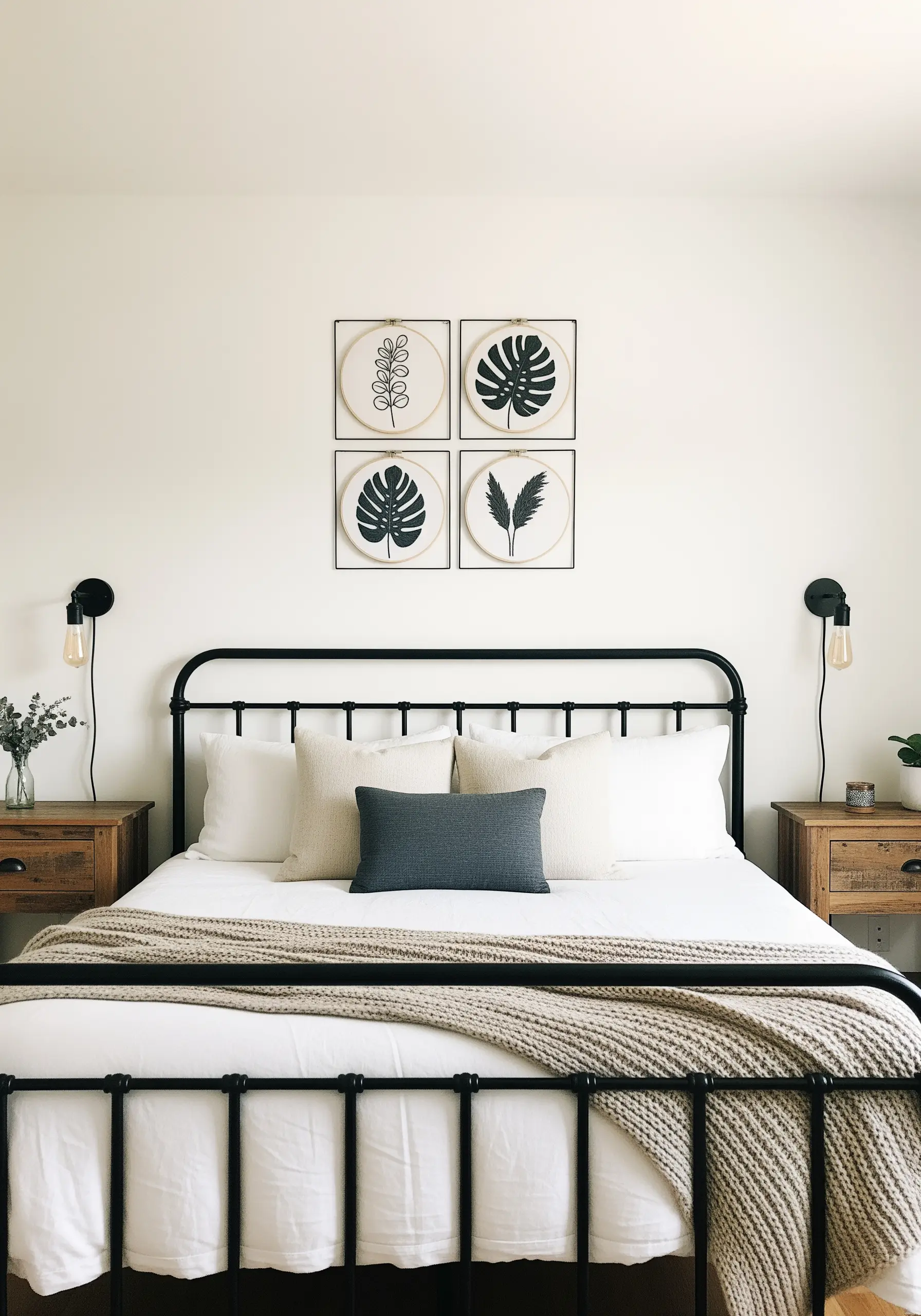 A four-piece set of black-hooped embroideries with bold, black leaf silhouettes.