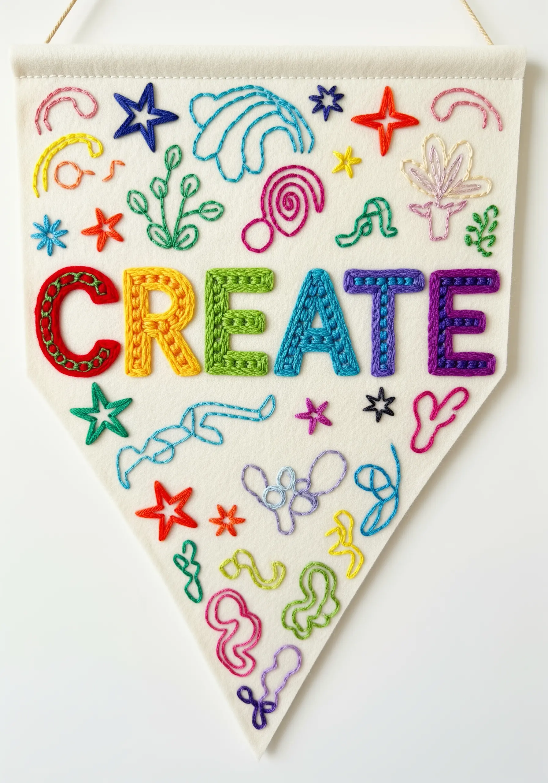 A felt pennant with the word CREATE embroidered in colorful, textured stitches.
