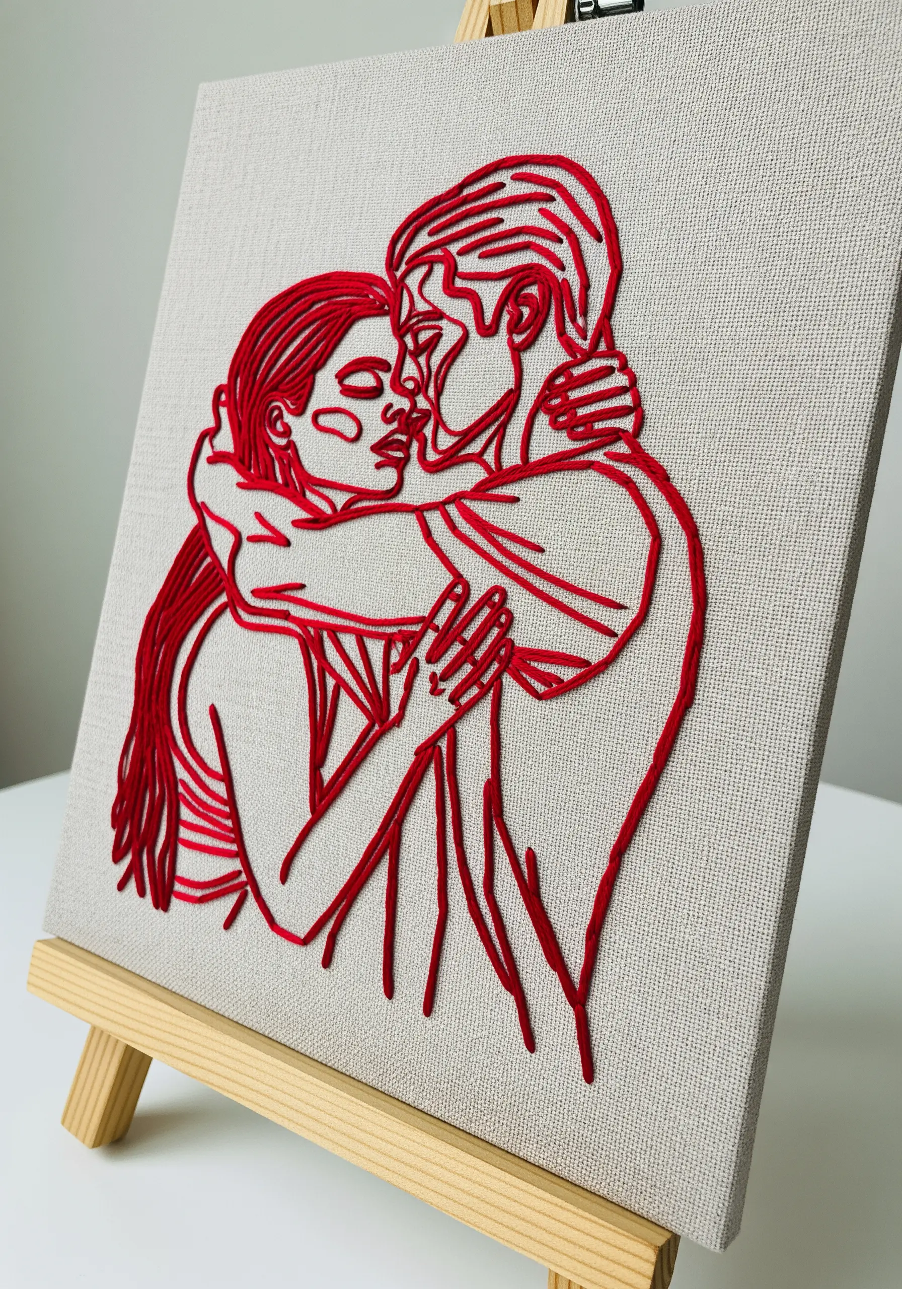Bold red thread embroidery of an embracing couple on a stretched canvas, displayed on an easel.