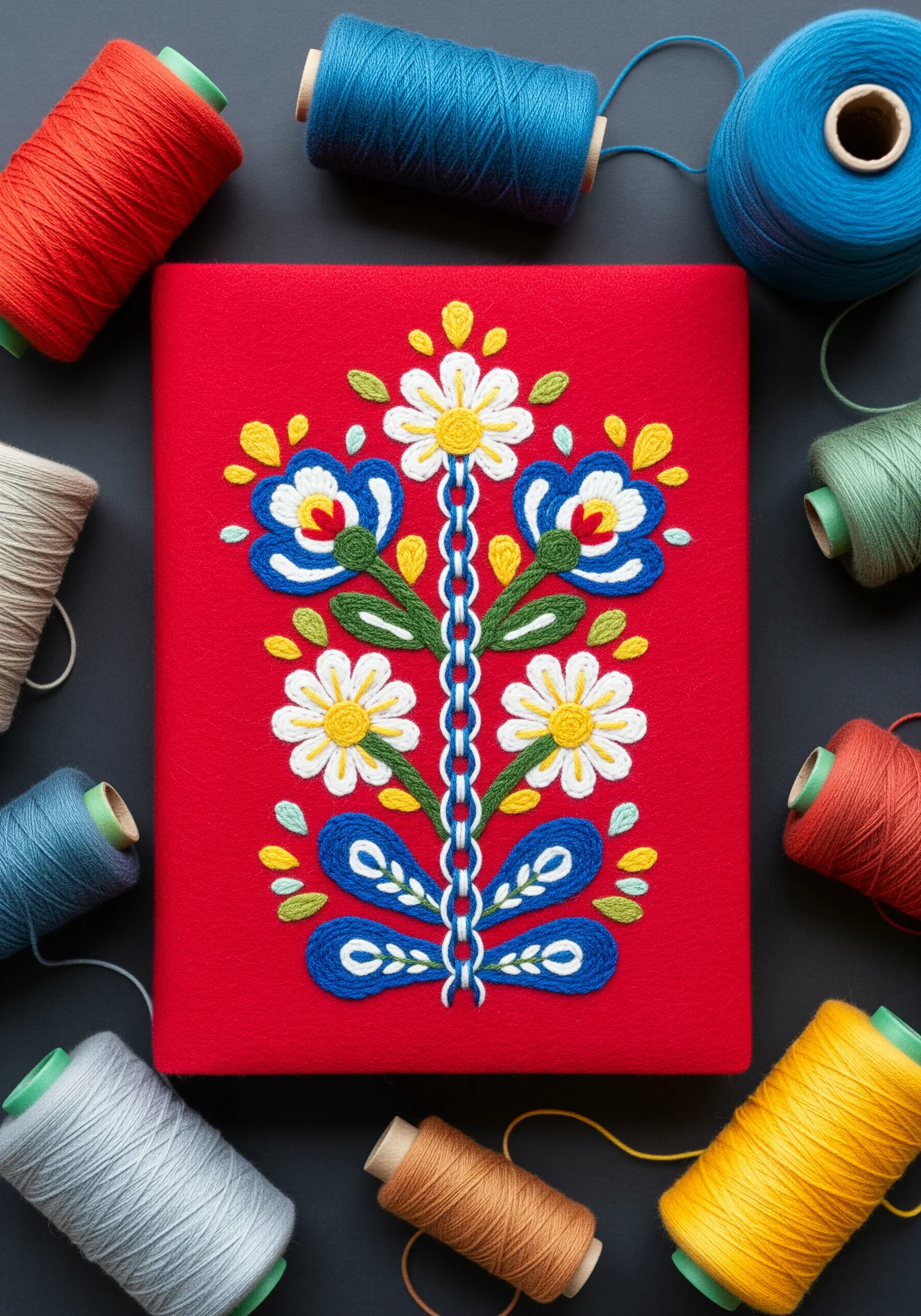 A symmetrical folk art floral design with bold colors stitched on a bright red journal.