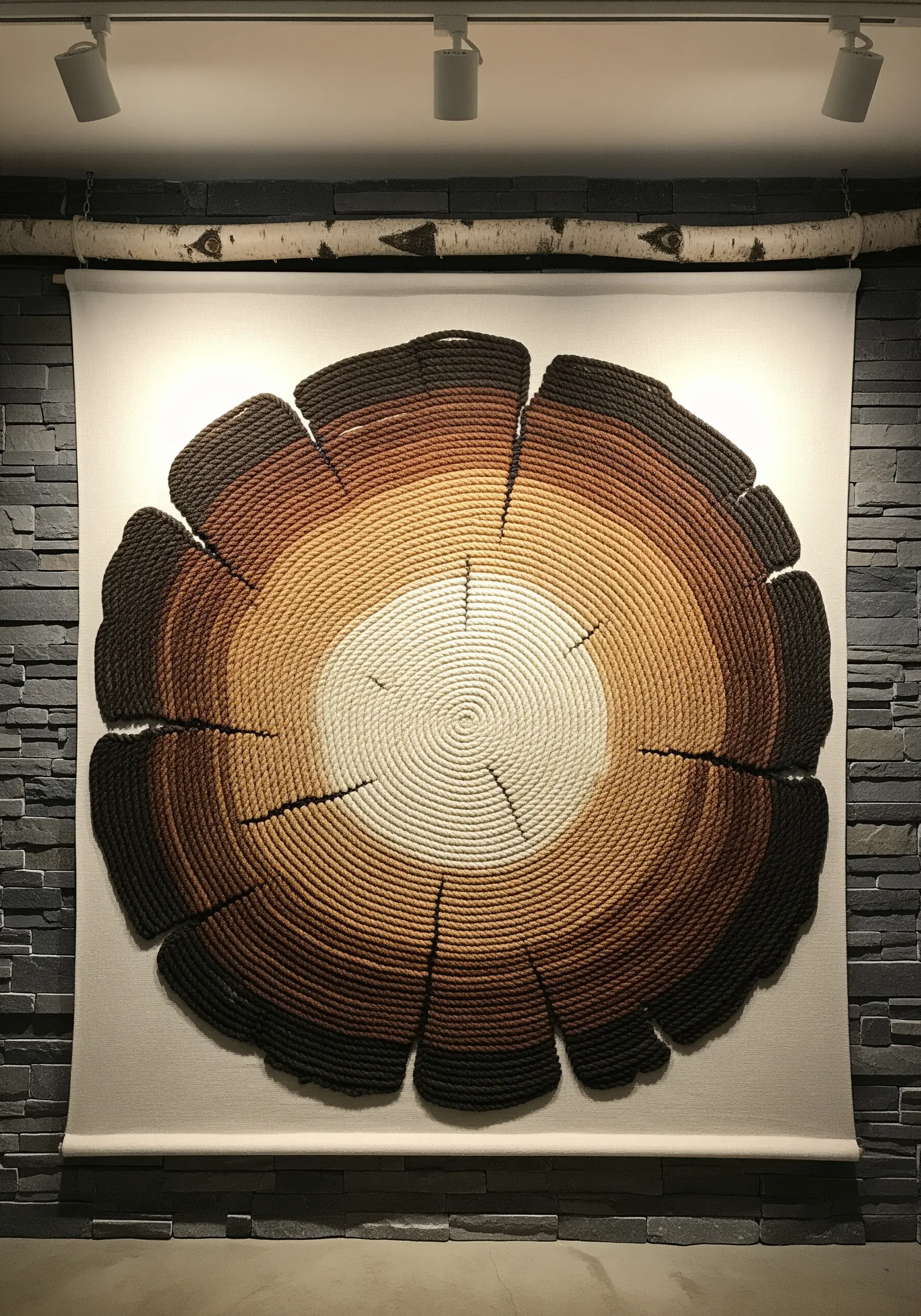 Large-scale wall art of a tree's cross-section made from coiling thick, colored ropes.