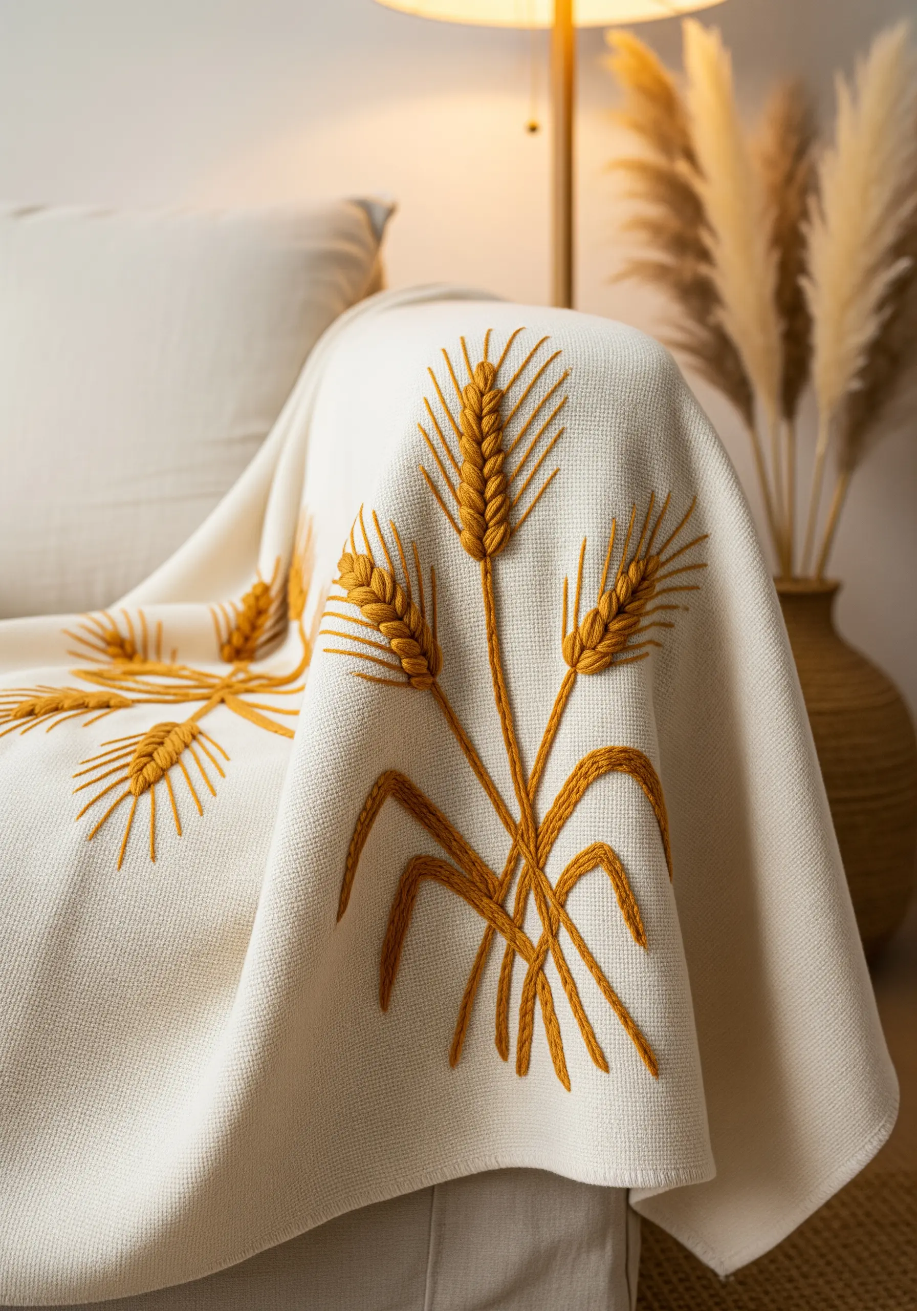 Close-up of a wheat sheaf embroidered in golden yellow thread on a cream throw blanket.