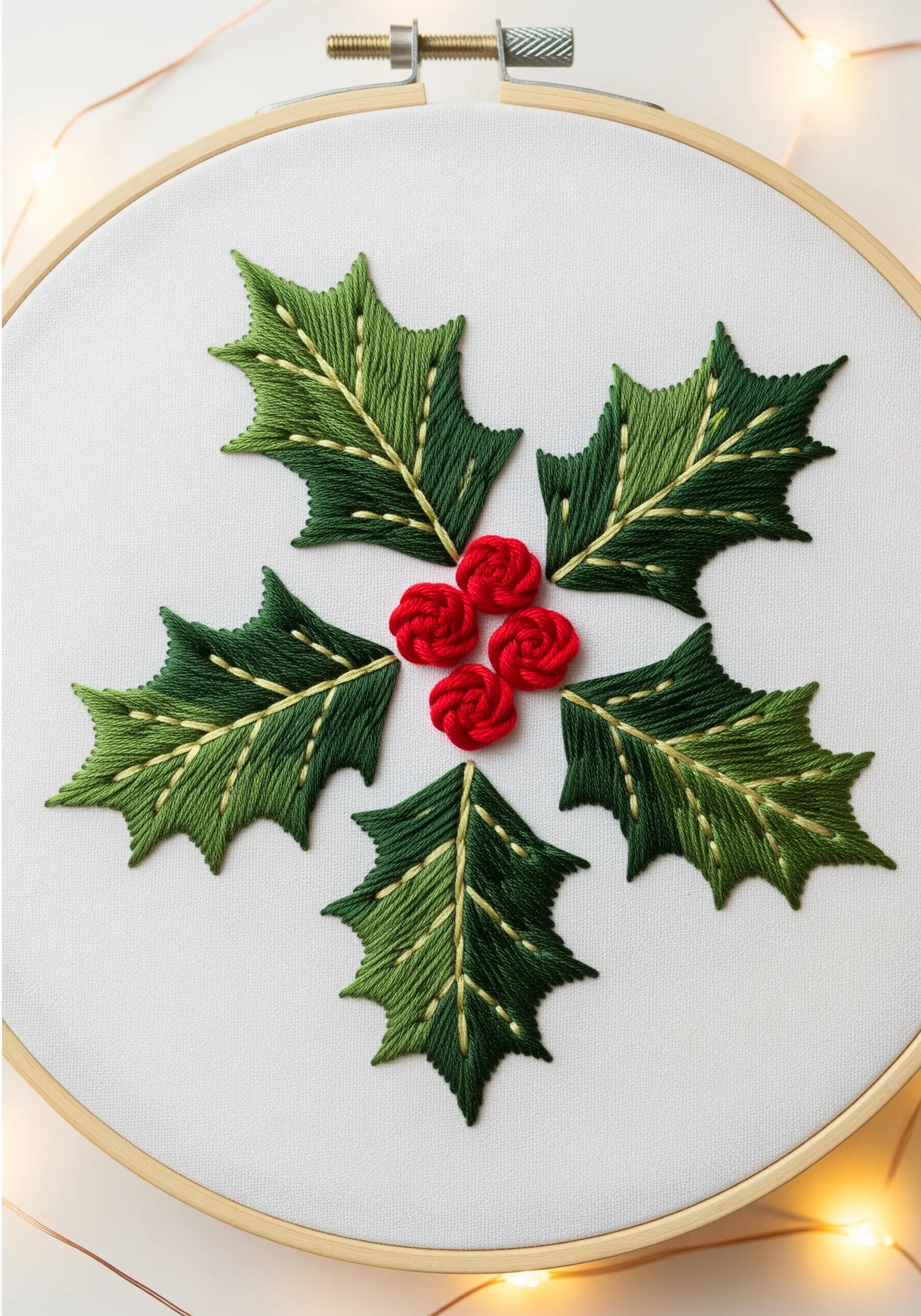 Symmetrical holly leaves with gold veins and raised, woven-wheel stitch red berries.