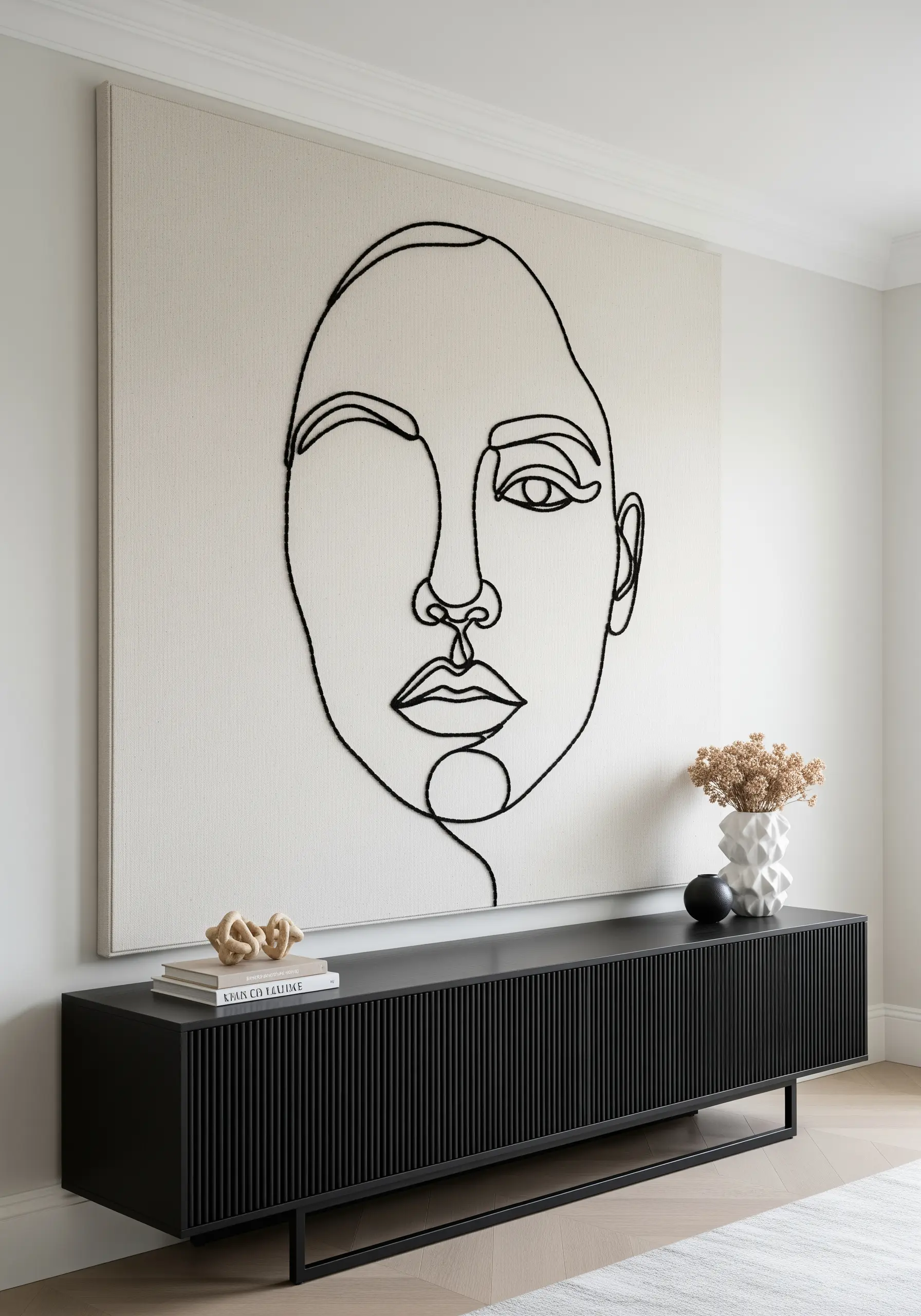 A large canvas with a minimalist face outline created with a thick black cord.