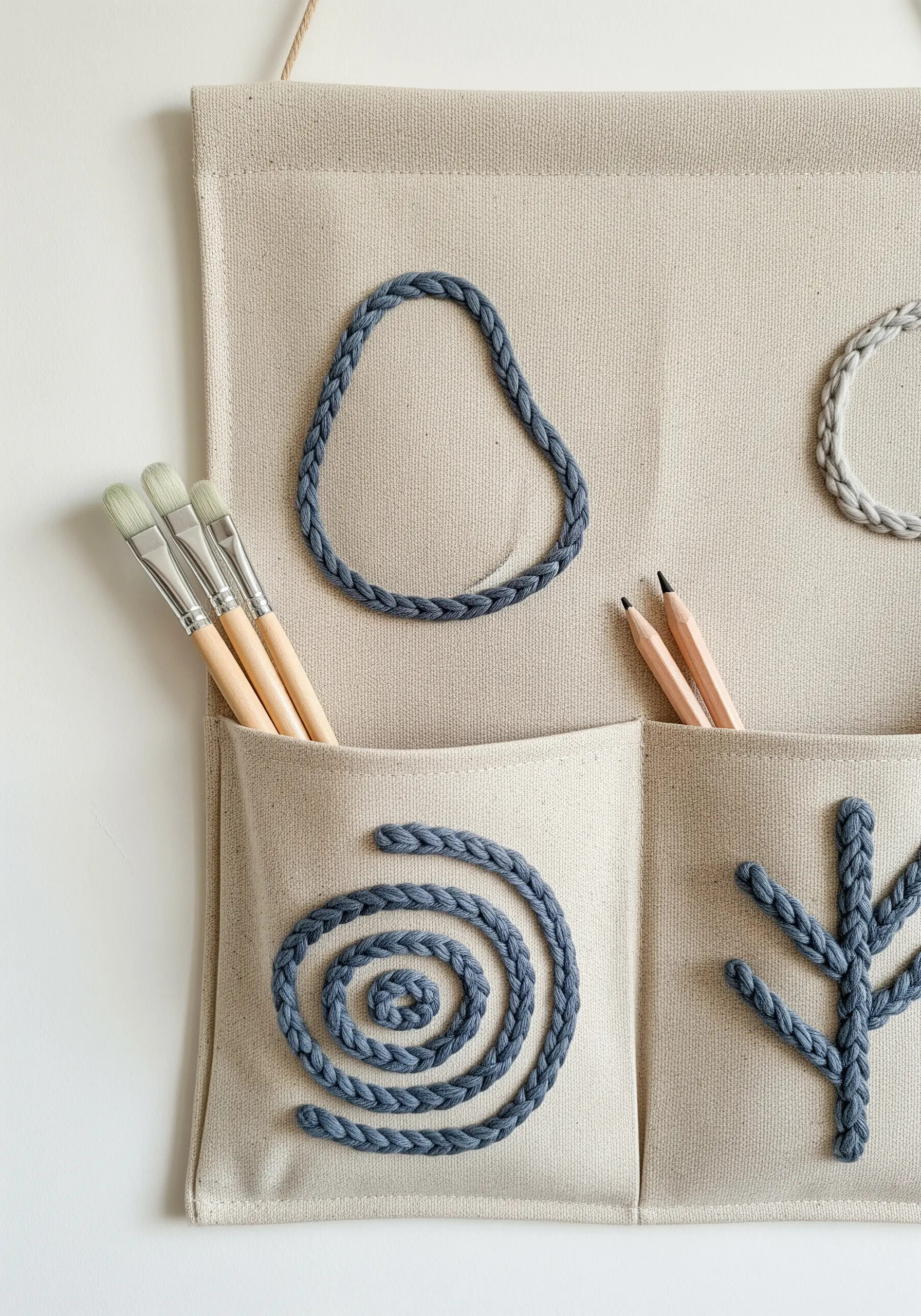 A canvas wall organizer with pockets decorated with abstract shapes made from couched blue cord