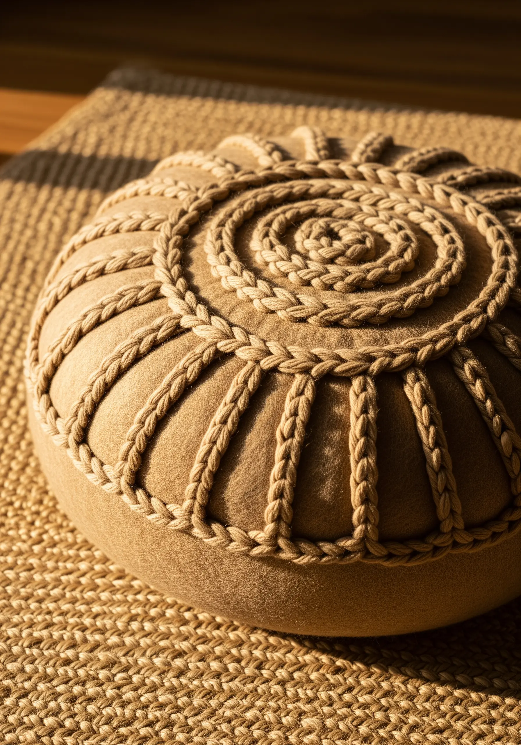 A beige floor pouf decorated with a spiral pattern of thick, braided cord.