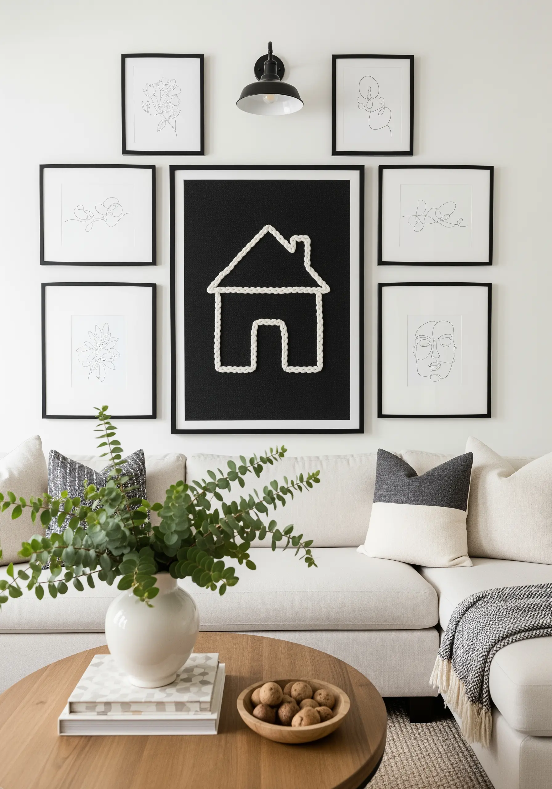 A gallery wall centered on a large framed piece with a house shape made of thick white cord