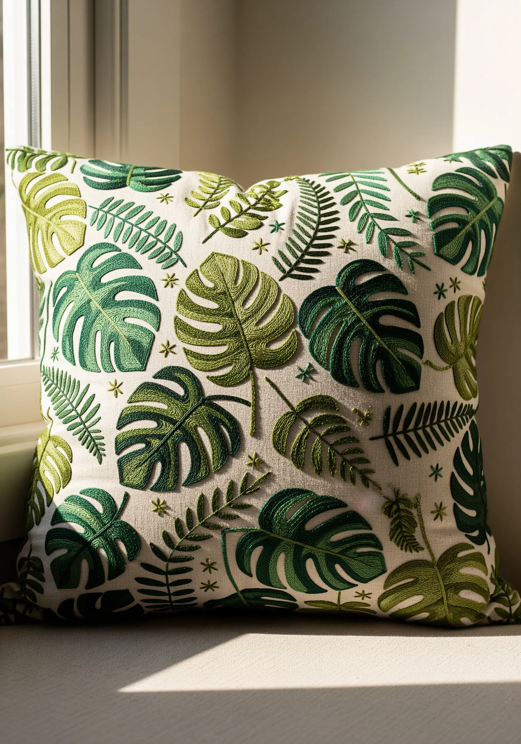 Close-up of embroidered monstera leaves in various shades of green on a light cushion.