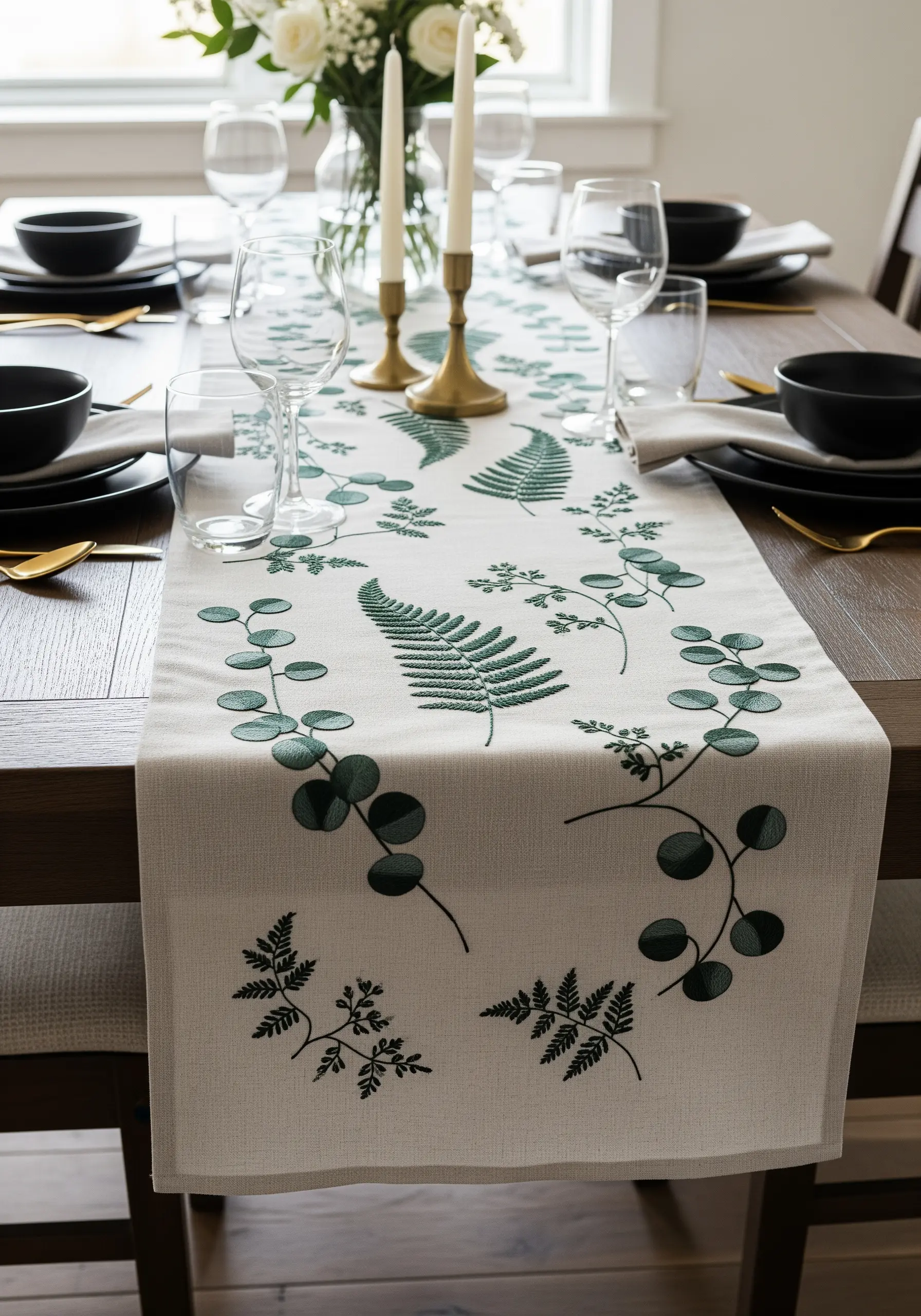 A table runner embroidered with various green monochrome fern and eucalyptus leaves.