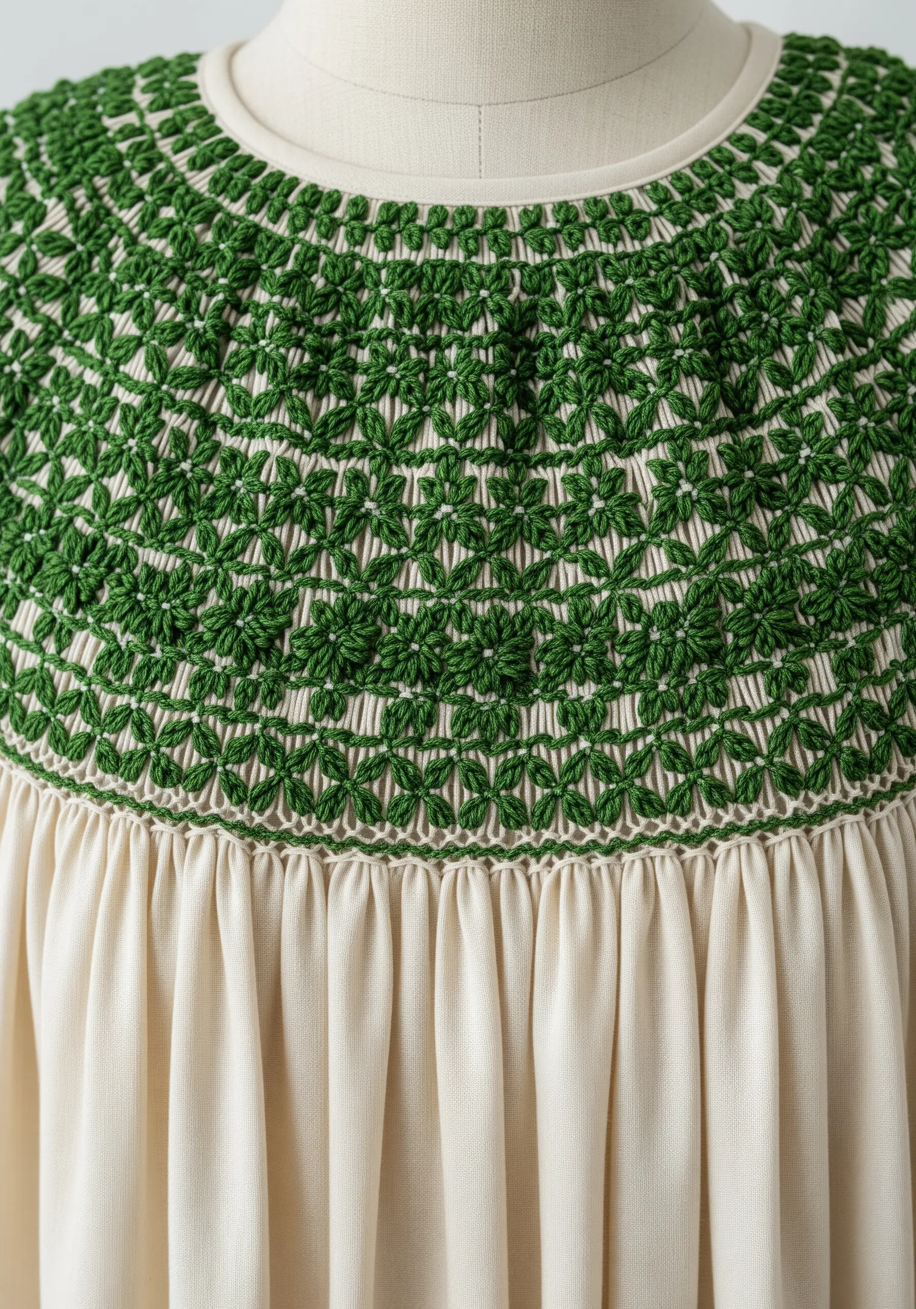 A detailed green smocked yoke on a cream dress, creating a geometric leaf pattern.
