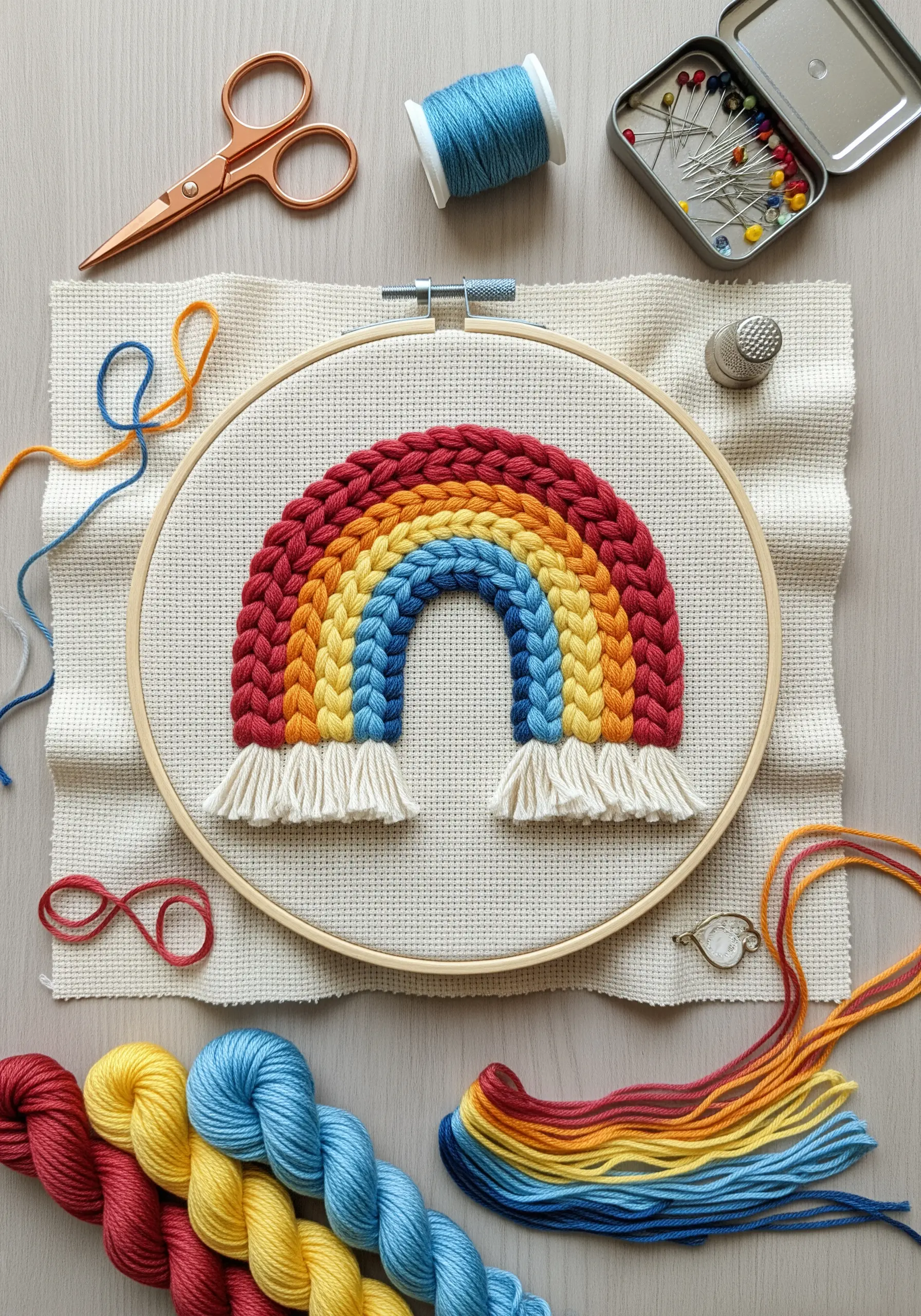 A colorful rainbow embroidered with a thick, raised chain stitch and a frayed tassel base.