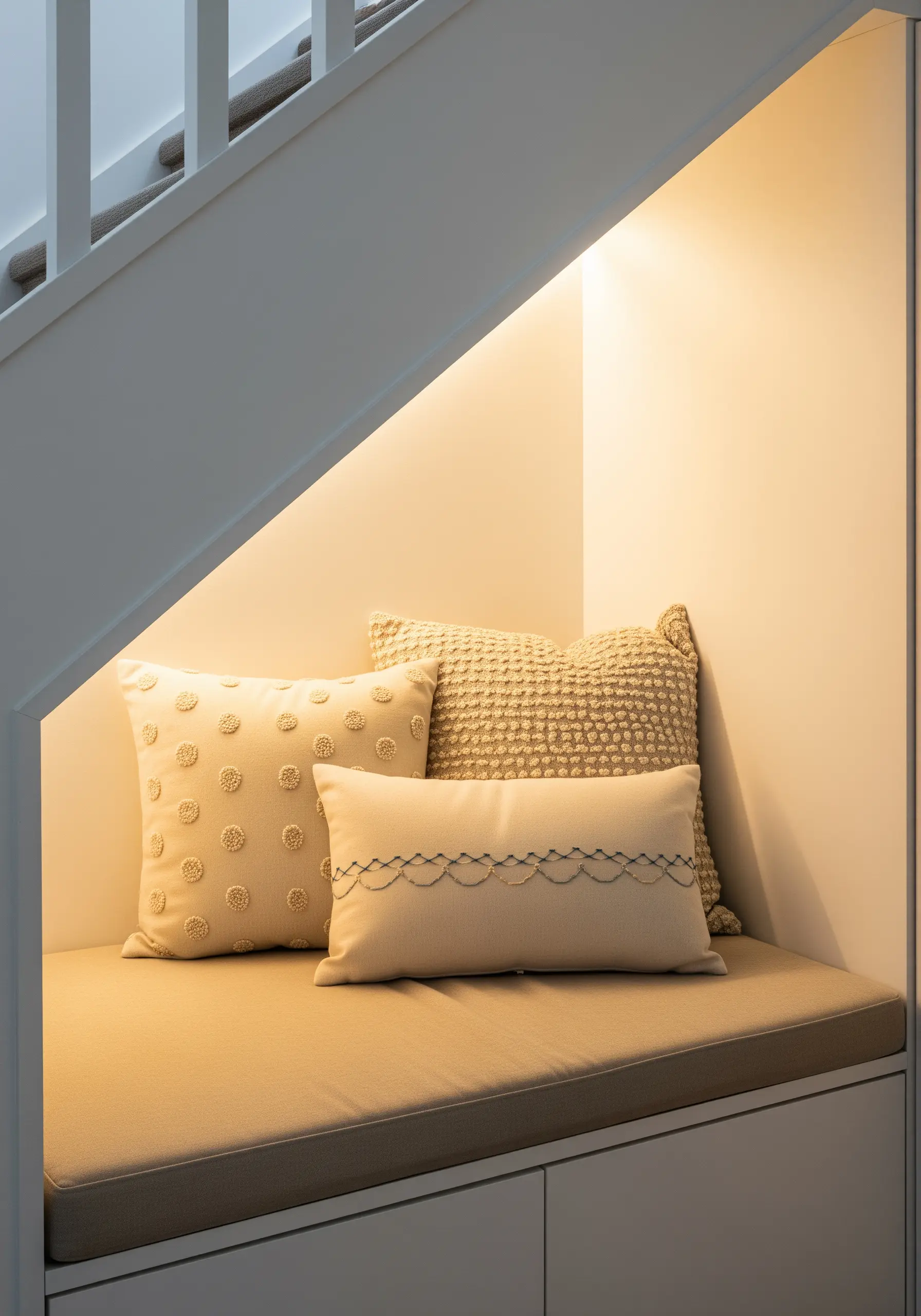 A beige cushion with an embroidered grid of raised French knots.