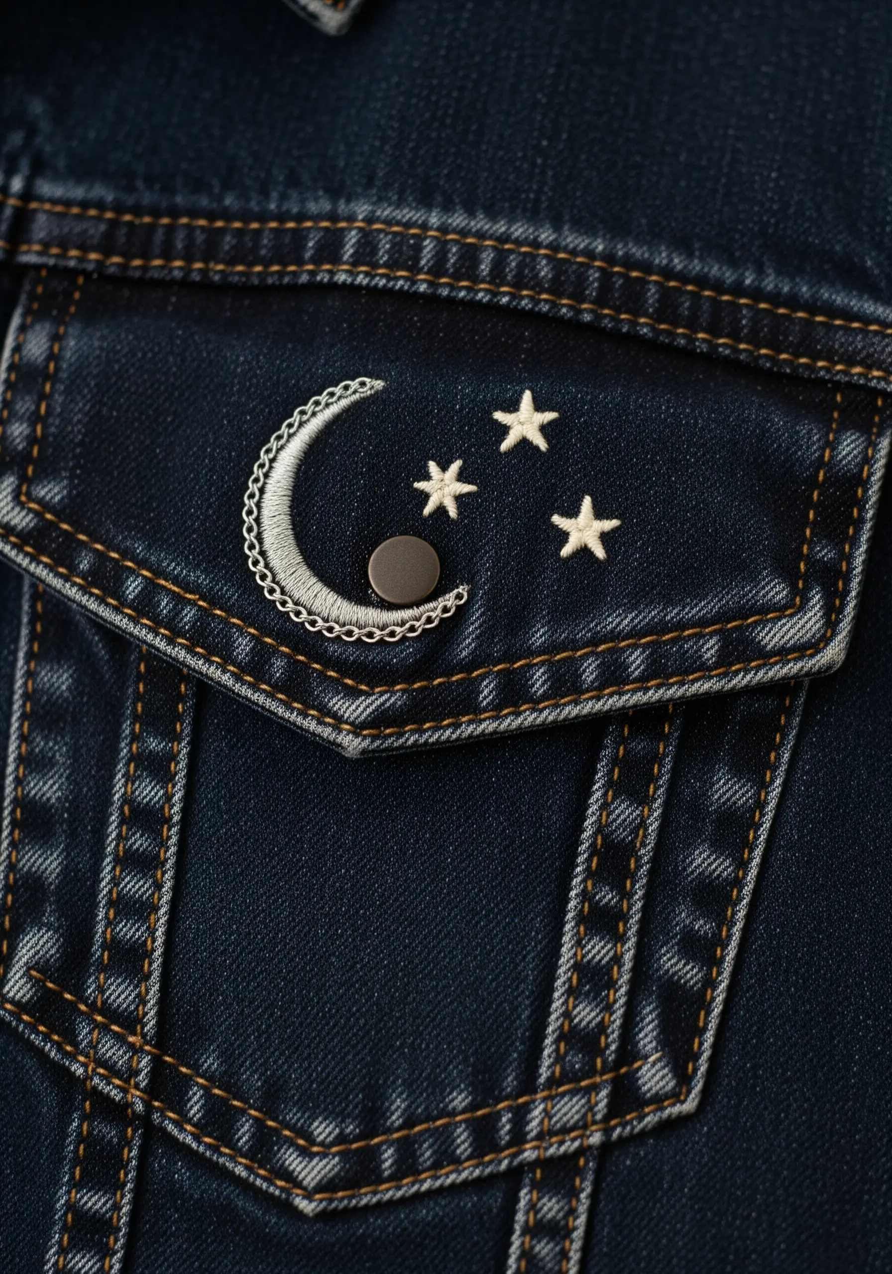 Embroidered crescent moon and stars on the pocket of a dark denim jacket.