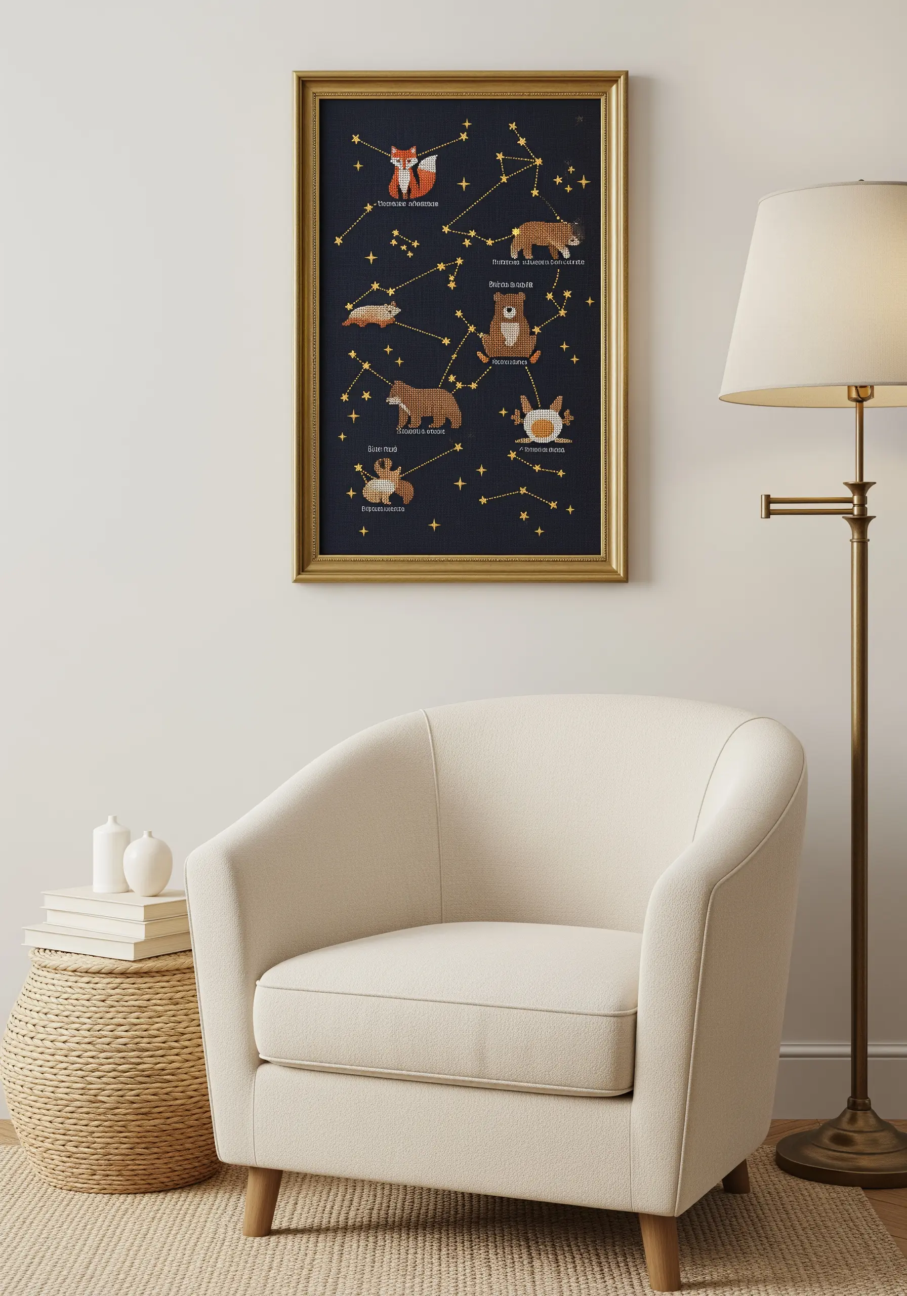 Framed embroidery of animal constellations on navy fabric in a cozy reading corner.