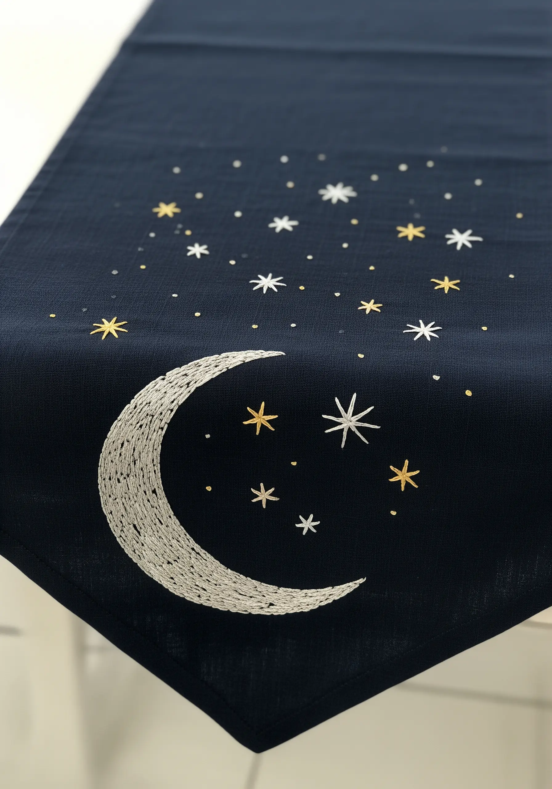 A textured crescent moon and scattered stars embroidered on a dark navy table runner.