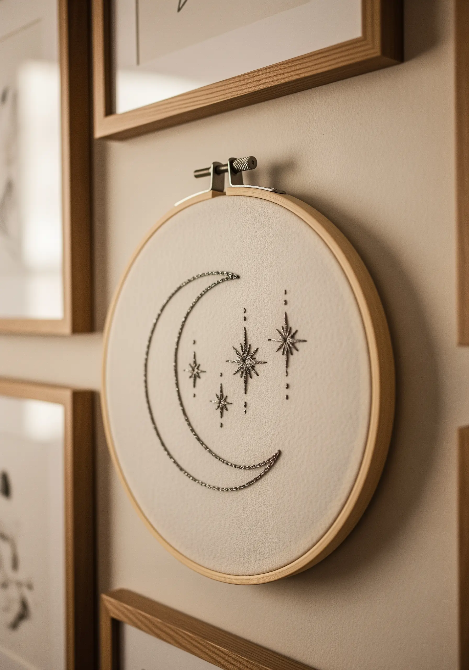 Crescent moon and stars embroidery in a hoop using chain stitch and star stitch.