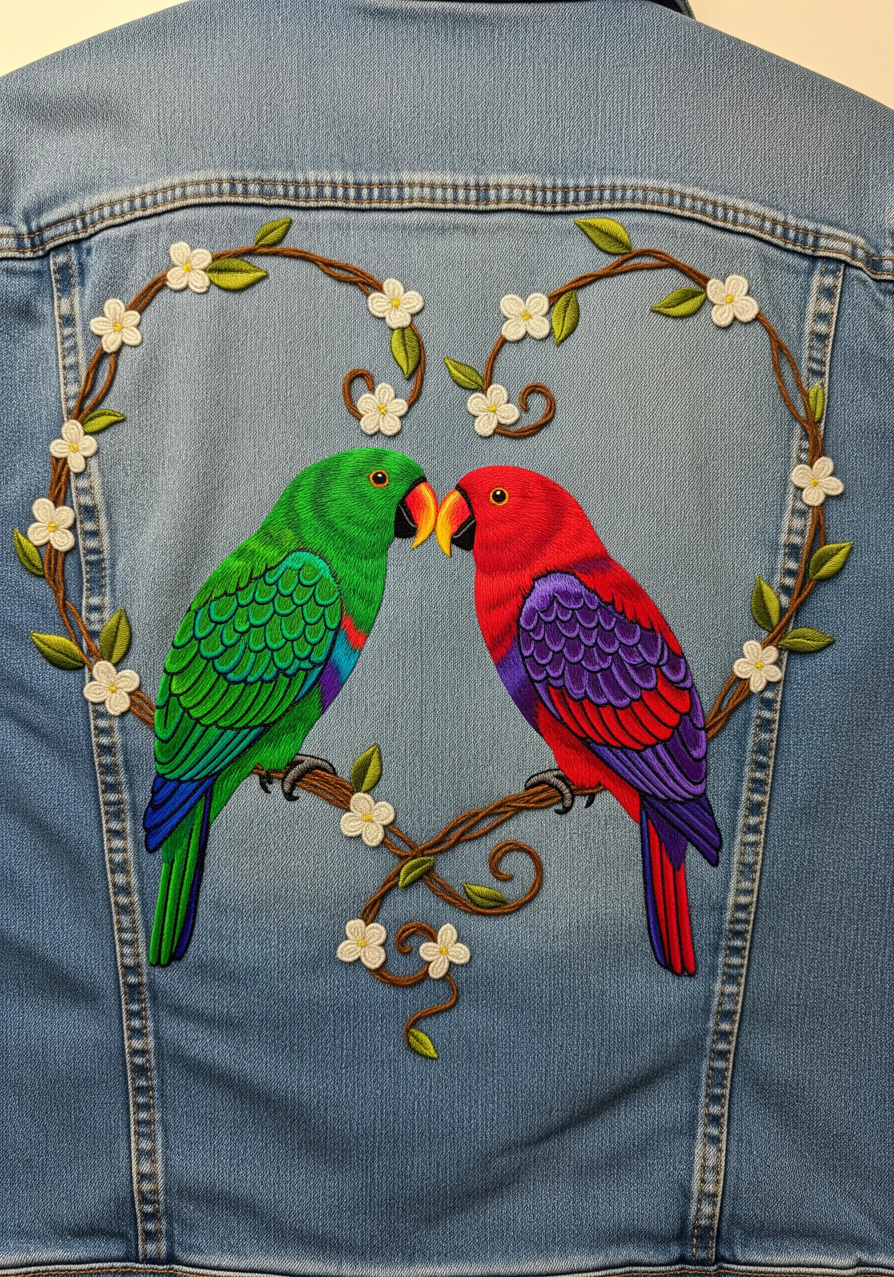 A pair of green and red Eclectus parrots inside a heart-shaped vine on a denim jacket.