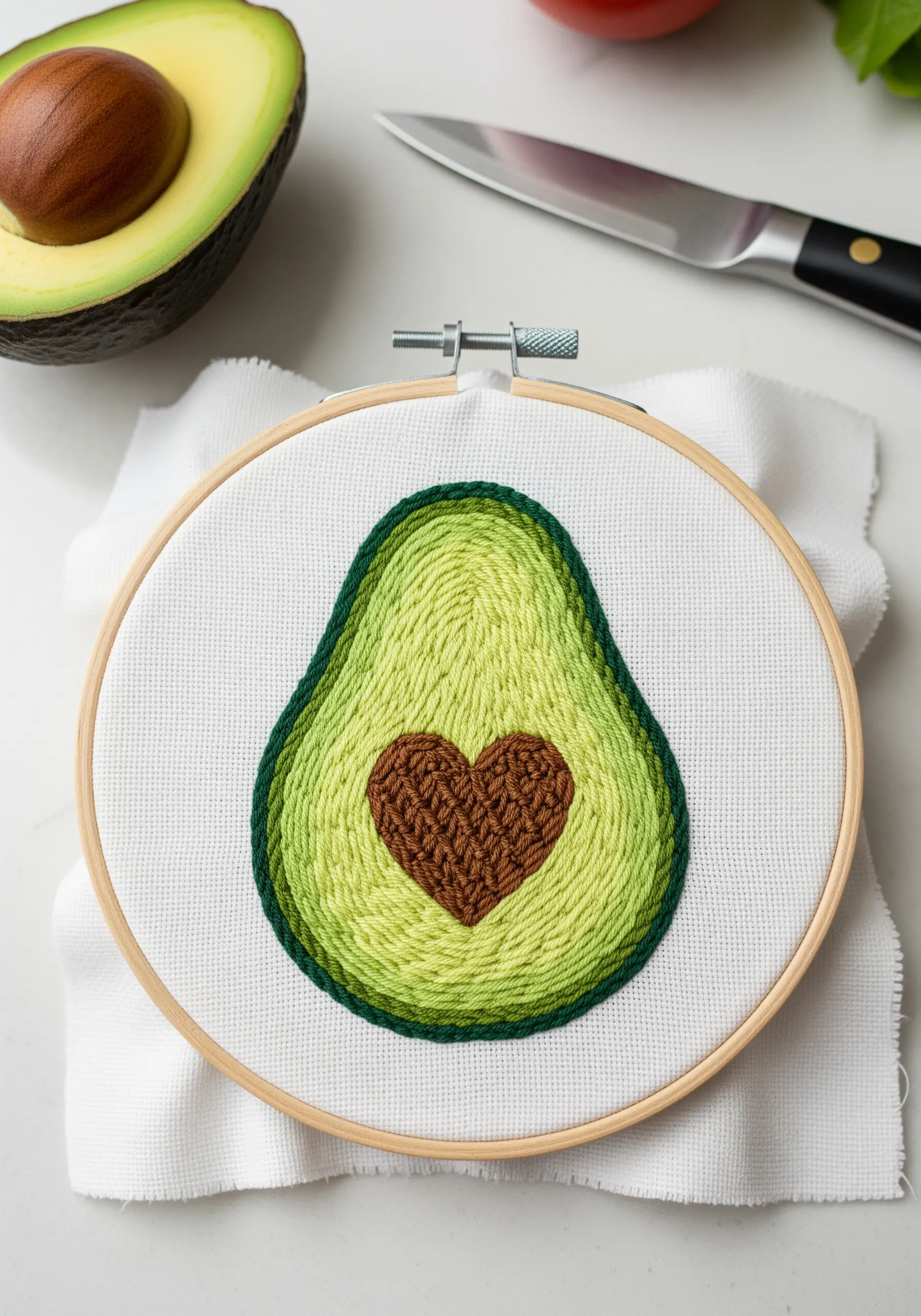 An embroidered avocado with concentric rings of green thread creating a contoured effect.