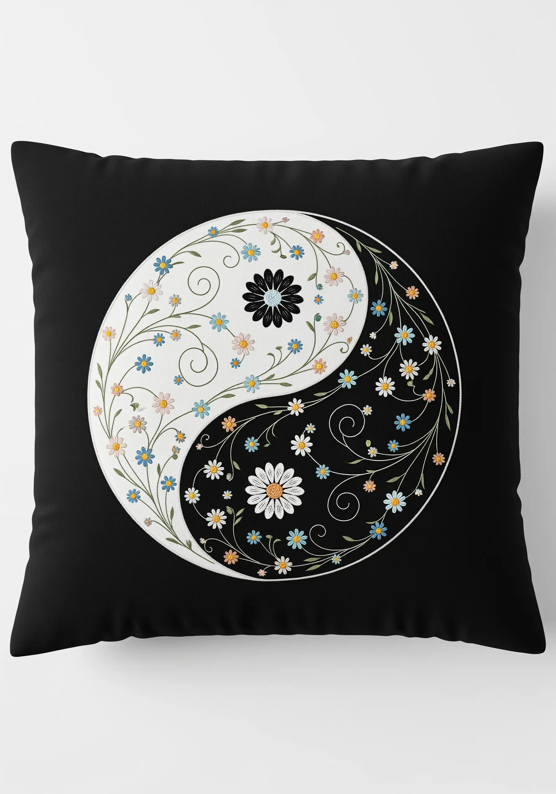 A yin-yang symbol on a black pillow, where each side is filled with delicate embroidered flowers.