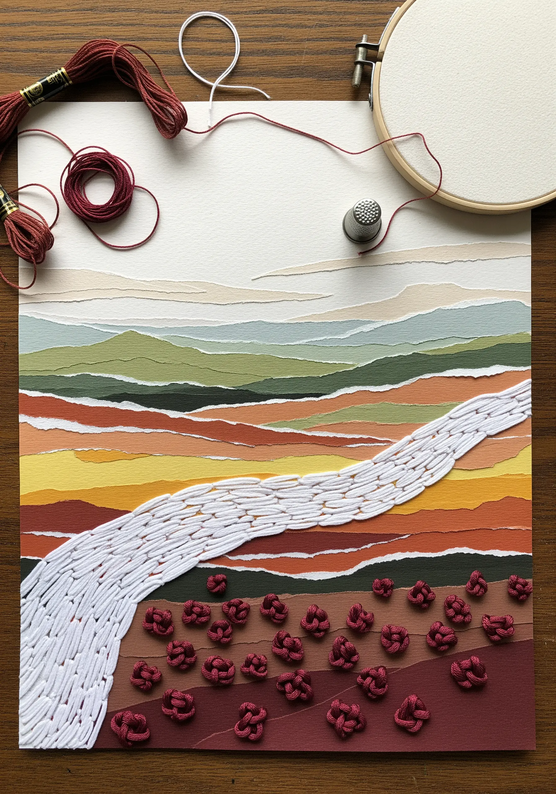 Torn paper landscape collage with a satin-stitched river and French knot flowers.