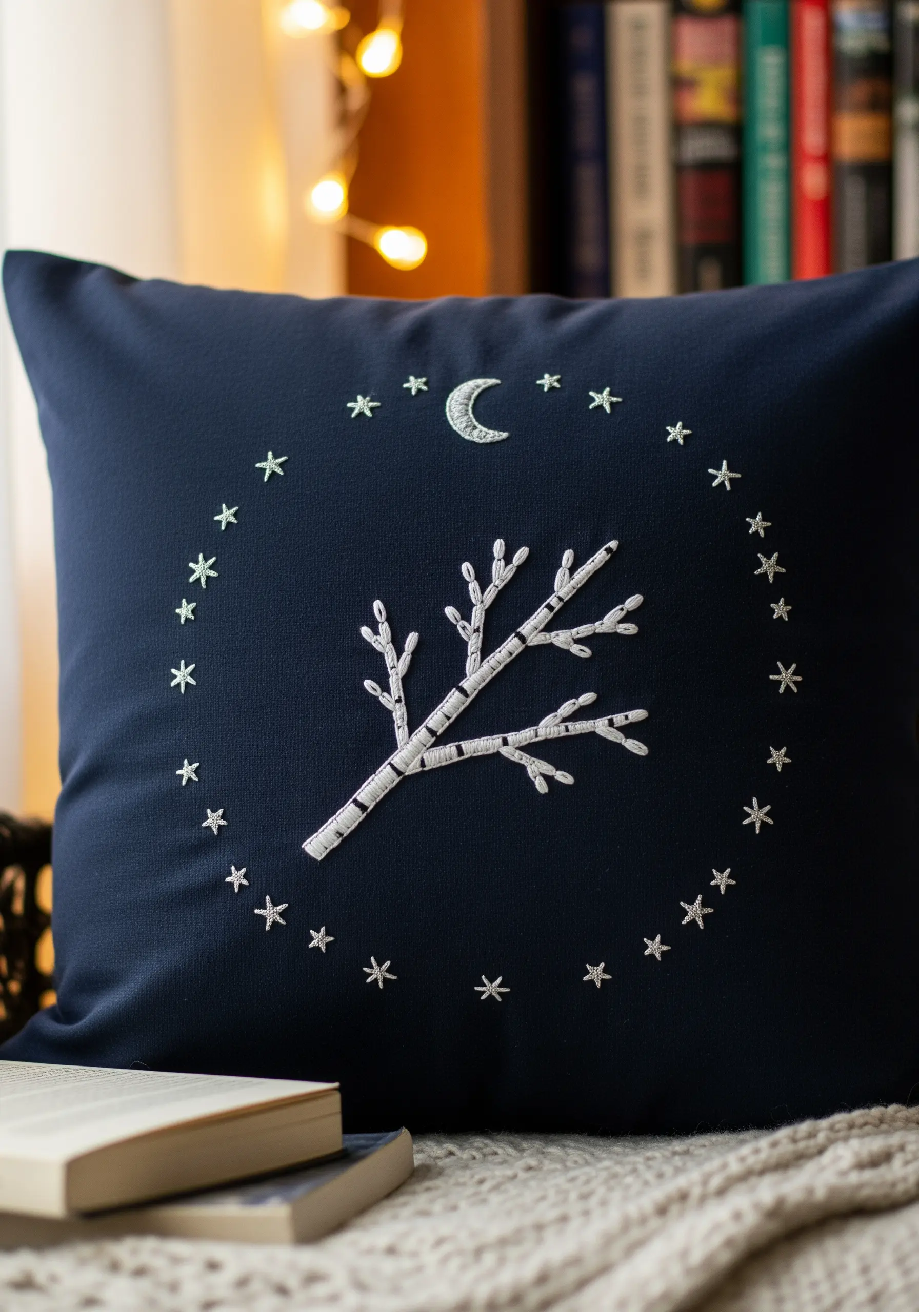 A birch branch surrounded by stars and a crescent moon embroidered on a dark navy cushion.