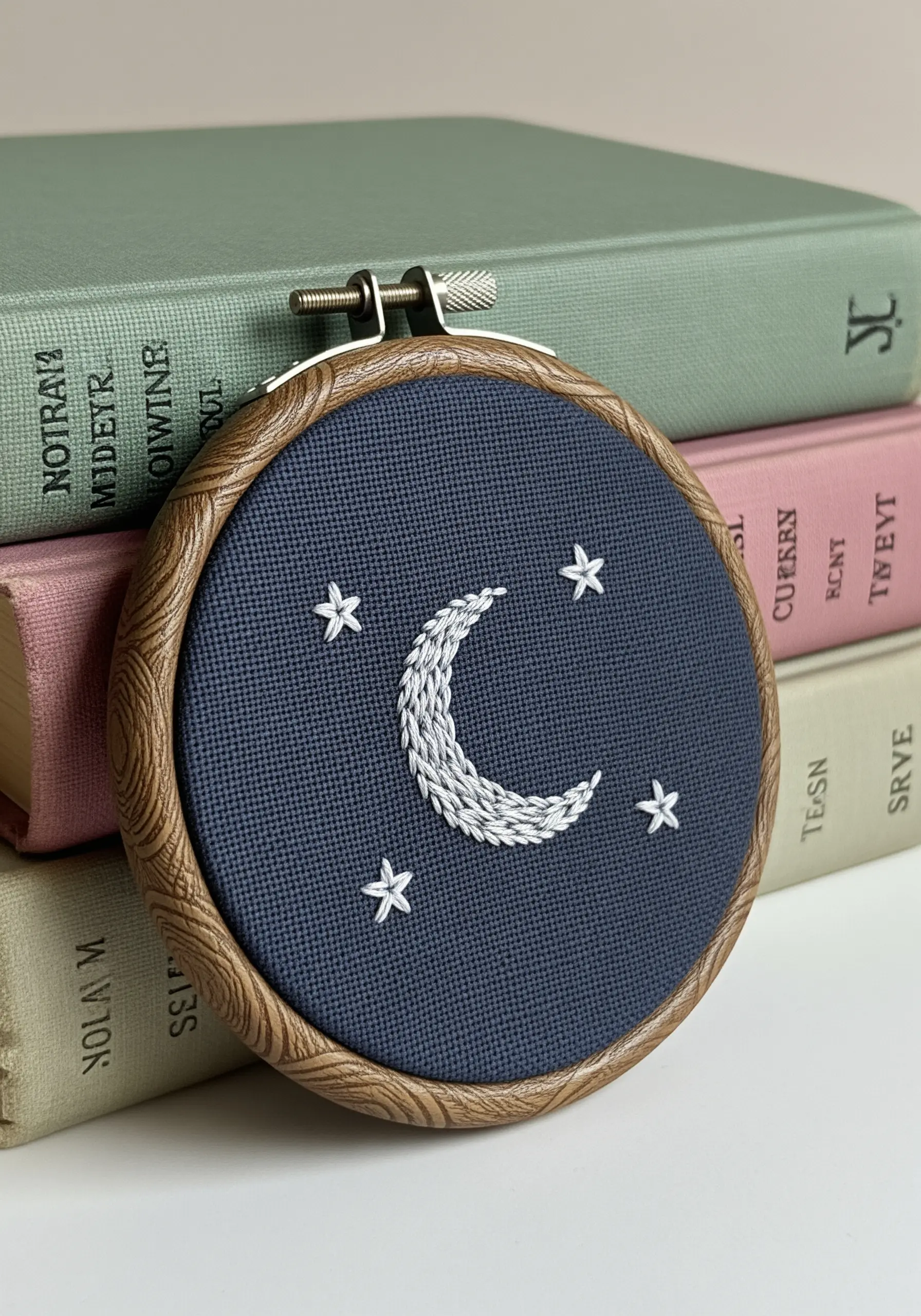 A textured crescent moon and tiny stars stitched in white thread on dark navy fabric.